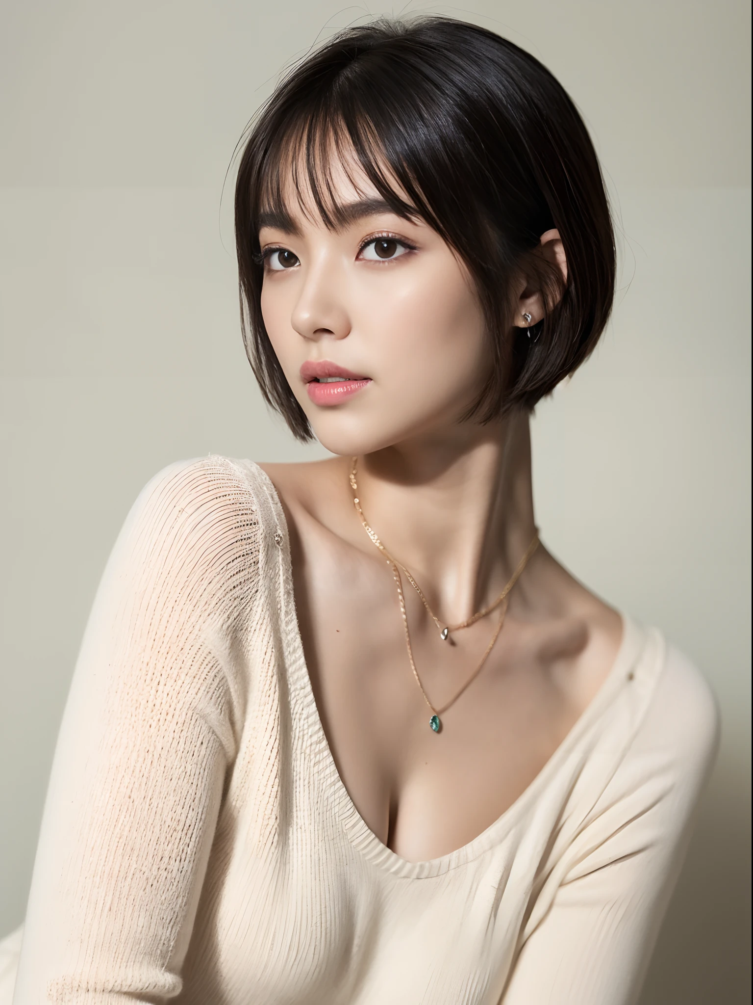 top-quality:1.3、​masterpiece、hight resolution、［1 girl in］、｛独奏｝、fully body photo、((Photorealsitic):1.1)、Real person、mascara, ,(Textured skin, Skin pores:1.1), (Imperfect skin:1.1) intricate detailes, (Unripe, 8K:1.2), Detailed skin、japanes、thin bunches of bangs、Bery short hair、Sweat knitwear、catchlight、piercings、a necklace、white walls