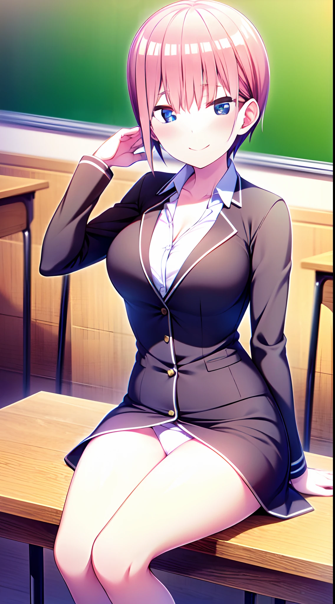 (Sitting on a chair with legs spread)、directly in front、Japan girl uniform、a miniskirt、(Pubic streak enhancement)、(White panties in full view)、Unbutton white shirt to emphasize cleavage、short-haired、a smile、red blush、‎Classroom、8k、ighly detailed、Top image quality、top-quality、超A high resolution、​masterpiece、１a person、A detailed eye、beautidful eyes、Light in the eyes、animesque、２Ｄ、