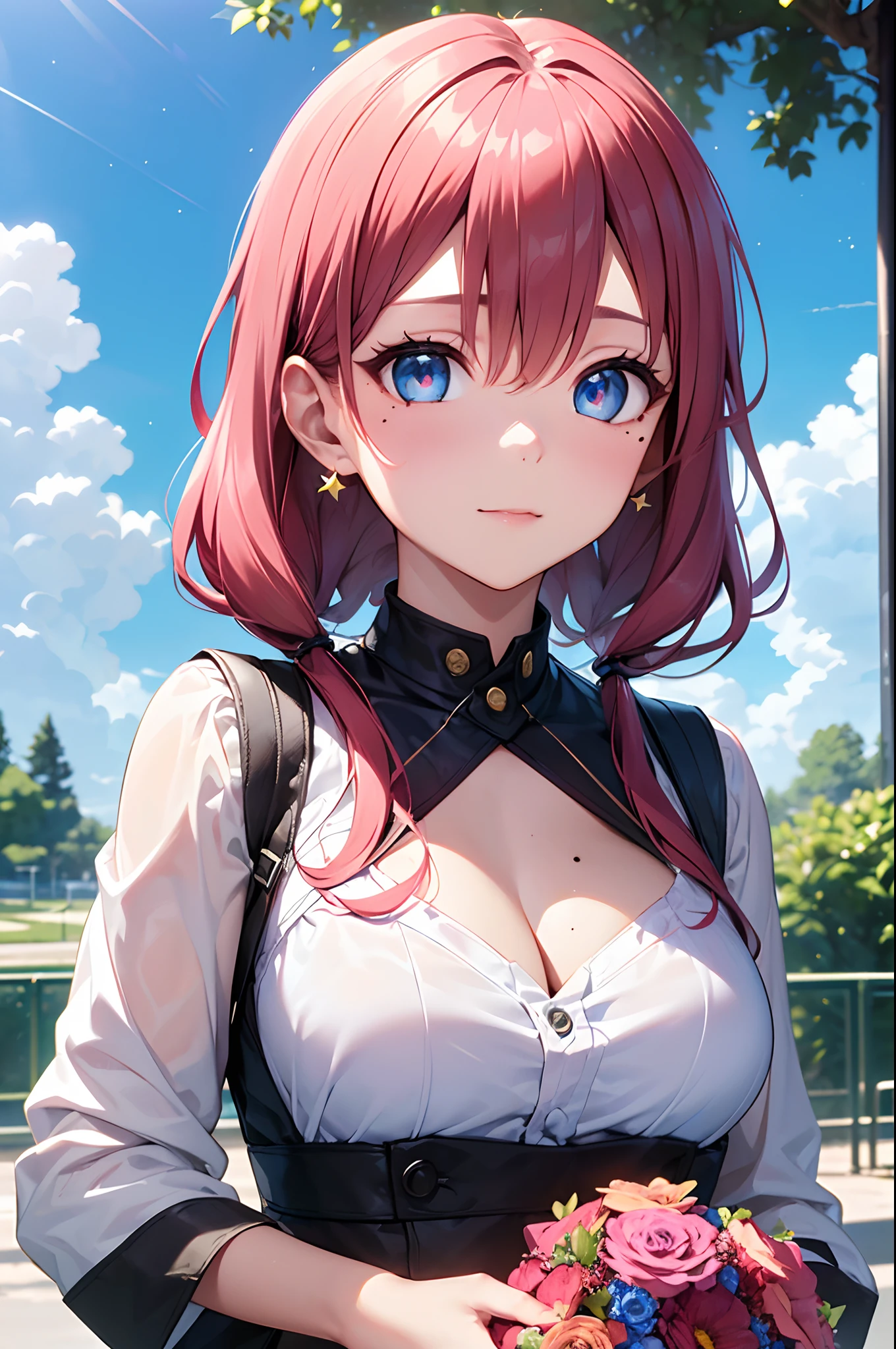 (Girl with a nasty appearance:1.3)、(Daytime park:1.5)、(and chest:1.4)、Raw photography, top-quality, hight resolution, (masterpiece), (Photorealsitic:1.4), (Mole under the eyes),Anime Cosplay, foco nítido, nffsw, 8K分辨率, intricate detailes, depth of fields, the Extremely Detailed CG Unity 8K Wallpapers, front lit, femele,25-years old、 Happy face、(Odango Hair:1.5)、(A big bouquet in his hands:1.5)、see -through、(Medium pink hair)、blue eyess,(Stars in the eyes:1.5)、(doress:1.3)、(Shining blue sky:1.4)