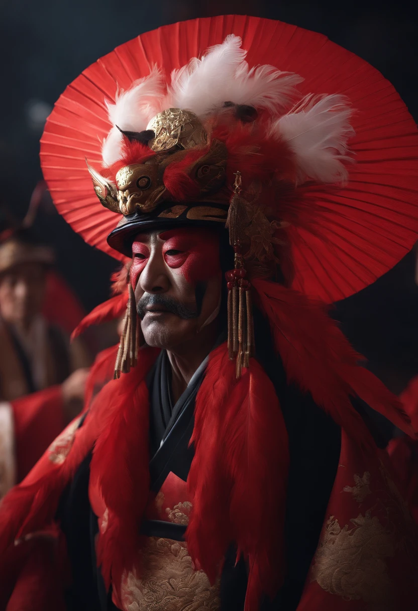 Japanese mythology, Create a Tengu, red mask, long nose, feather hats, 8k, ultra realism, cinematic