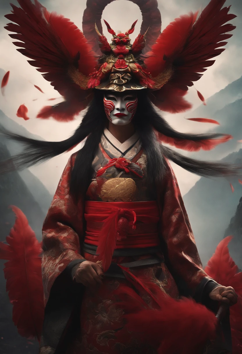 Japanese mythology, Create a Tengu, red mask, long nose, feather hats, 8k, ultra realism, cinematic