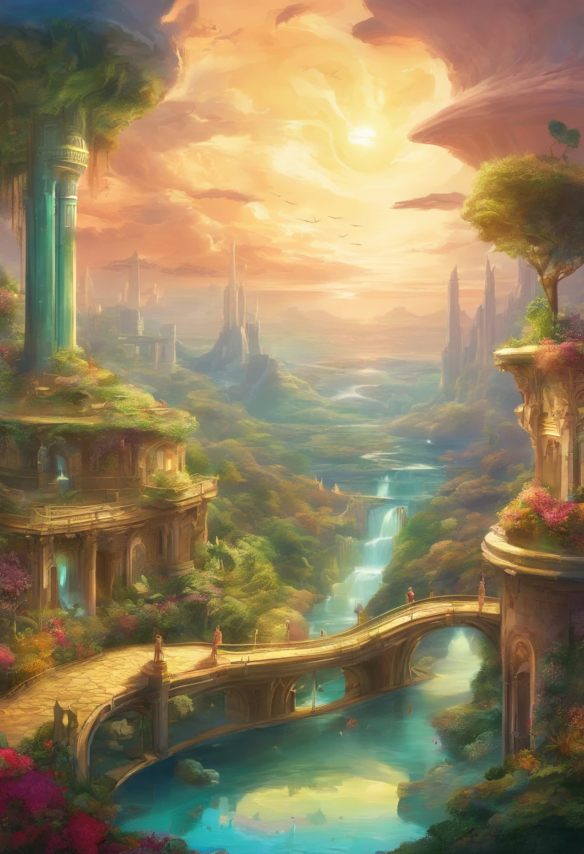 detail illustration of the sacred and beautiful Garden of Eden, backlit, stylish, elegant, breath taking, visually rich, flat lights, flat colors, cell shading, art by best anime studios, by MSchiffer, 32k resolution, best quality, ink lines, extreme high contract, imaginative, visually rich, atmospheric, zoomed, 35mm, sidon style, City of progress, futuristic city, utopian world, shiny great colors,prosperous buildings, high class clothes and architectural designs, luxurious constructions, utopian futur, highly detailed, hdr, perfect, stunning progressive architecture, flawless world, reflective surfaces, subsurface scattering, flawless buildings, beyond imagination, 8K, global illumination, wide angle, god rays, dream world