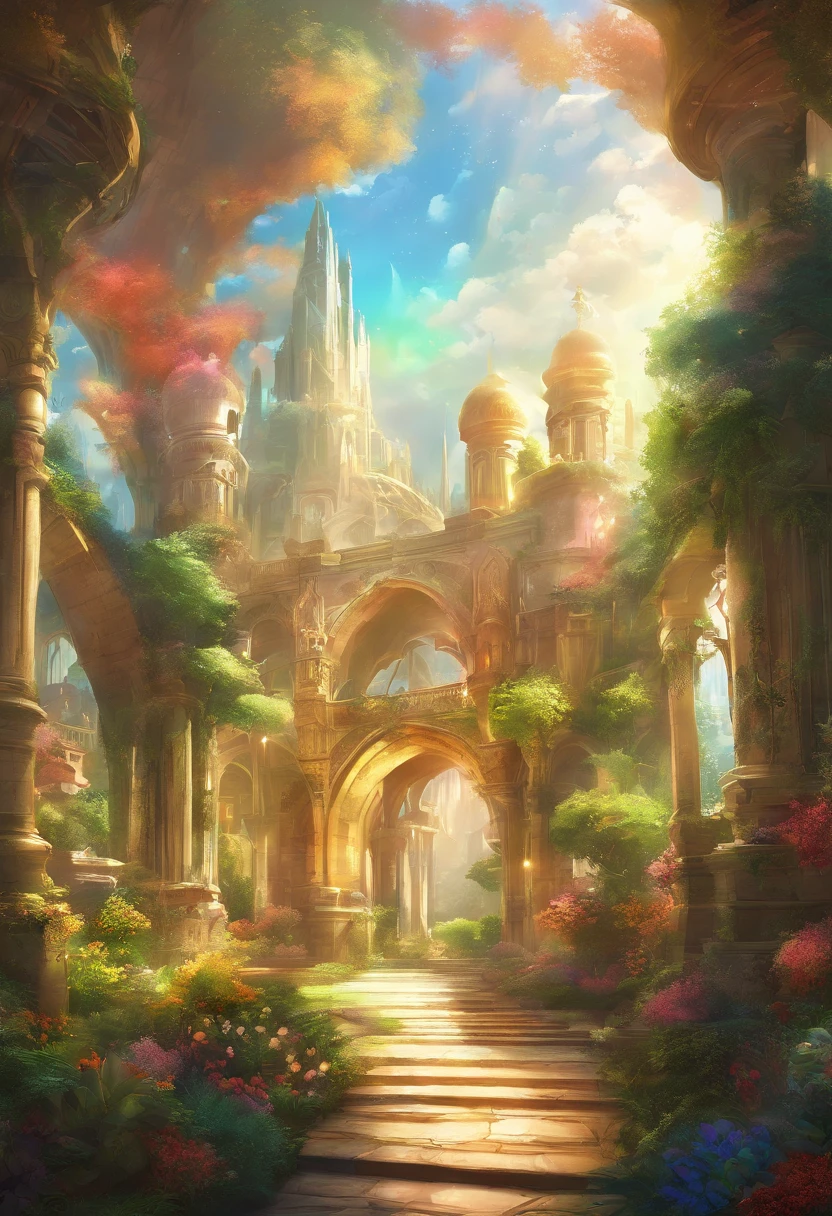 detail illustration of the sacred and beautiful Garden of Eden, backlit, stylish, elegant, breath taking, visually rich, flat lights, flat colors, cell shading, art by best anime studios, by MSchiffer, 32k resolution, best quality, ink lines, extreme high contract, imaginative, visually rich, atmospheric, zoomed, 35mm, sidon style, City of progress, futuristic city, utopian world, shiny great colors,prosperous buildings, high class clothes and architectural designs, luxurious constructions, utopian futur, highly detailed, hdr, perfect, stunning progressive architecture, flawless world, reflective surfaces, subsurface scattering, flawless buildings, beyond imagination, 8K, global illumination, wide angle, god rays, dream world