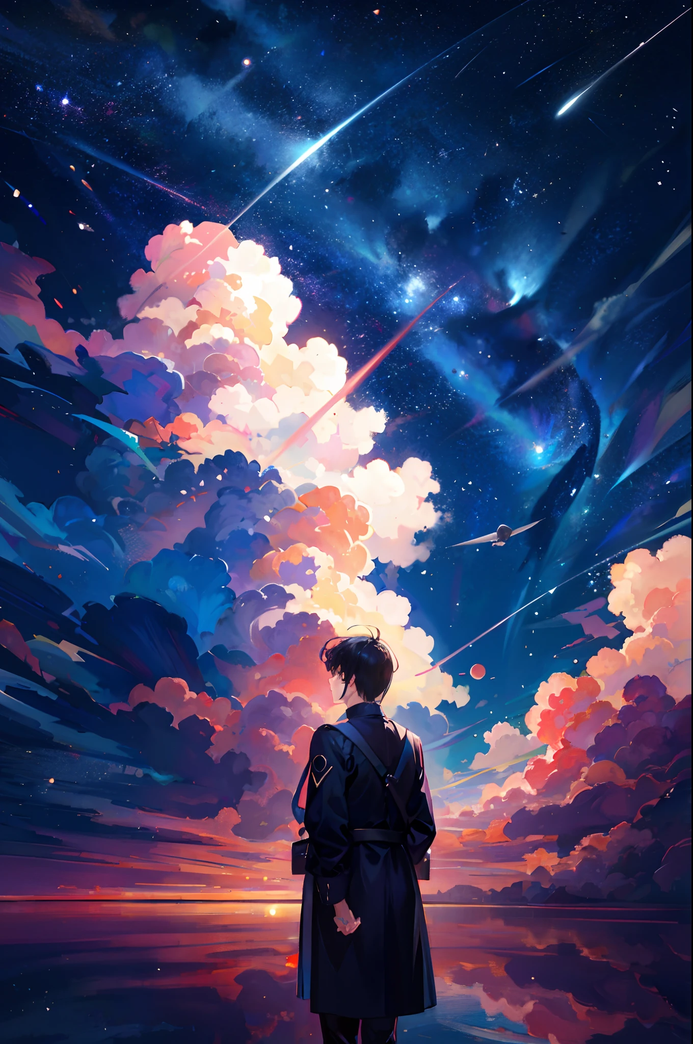 ridiculous resolution, high resolution, (masterpiece:1.4), super detailed, 1boy, seen from above, space, floating, --v 6