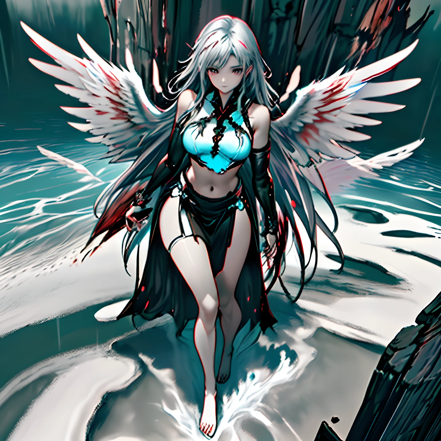 Black and white and red and blue,(Best Quality, Ultra-detailed, High resolution, extremely details CG),Wide Shot,Fallen angels stand on the edge of a cliff,She is so beautiful,very beautiful gray hair、the angel's wings、up looking_Terrible、I like the sea,Bloody Rain, Mystical,cultist, Convoluted, Surreal,Delicate