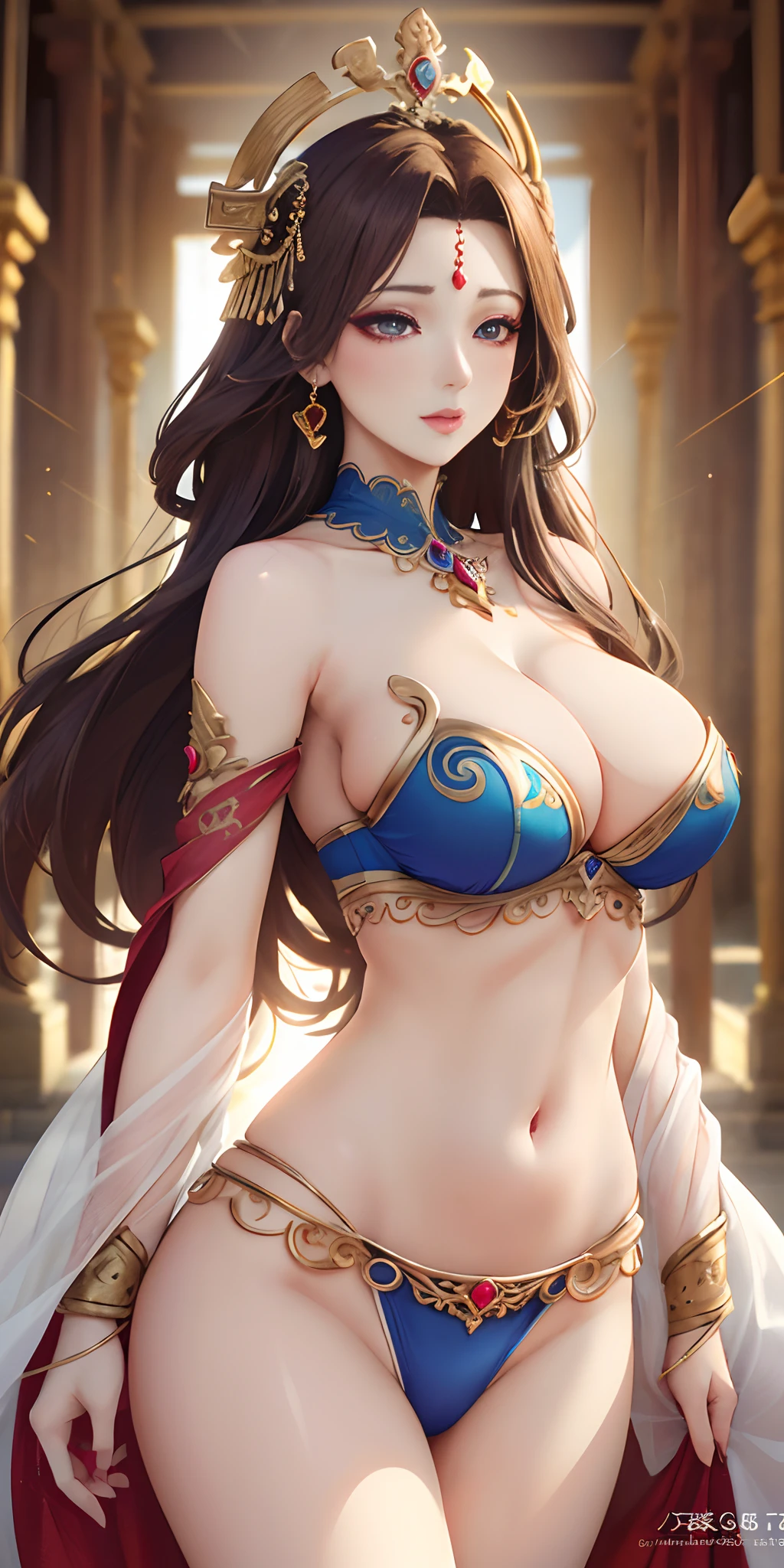 goddess of Love, Large breasts, light effect on the eyes, slightly bold makeup, extremely sexy body sensual and beautifully crafted clothing in the thin and delicate fabric highlighting her body ((hyper realistic, 8k, perfect lighting, extremely detailed)) Temple of the goddess of love, Temple extremely beautiful, your beauty is unparalleled, beautiful and perfect body, curves of your body are sexy