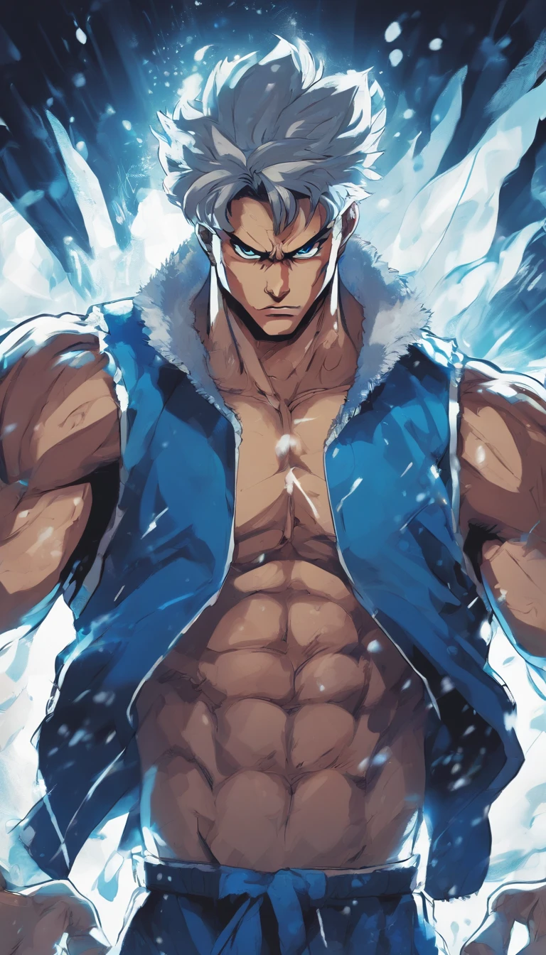 A young man stands defiantly amidst a swirling snowstorm. He gazes directly at the camera with an intense and determined expression. His face is illuminated by a futuristic blue glow, highlighting his determination to conquer the challenges posed by the snowstorm. The snowflakes, frozen in motion, create a dynamic and futuristic atmosphere around him.