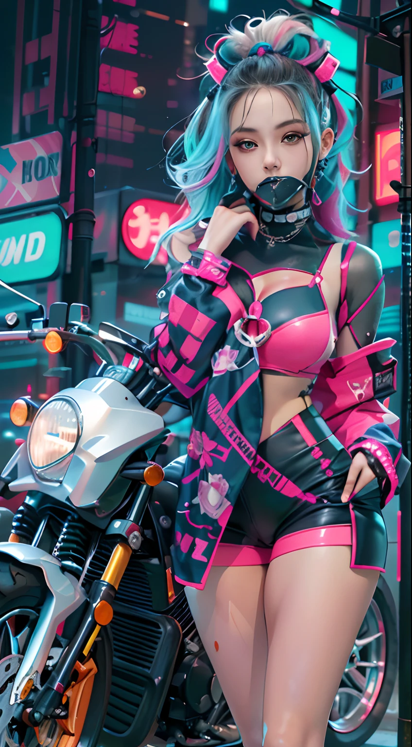 masutepiece, Best Quality, Confident cyberpunk girl, Full body shot, ((Stand in front of the motorcycle)), Pop costumes inspired by Harajuku, Bold colors and patterns, Eye-catching accessories, Trendy and innovative hairstyles, Bright makeup, Cyberpunk dazzling cityscape, Skyscrapers, neon signs, led lights, Bright and vivid color scheme, Anime, Illustration, Detailed skin texture, Detailed Cloth Texture, beautifull detailed face, Intricate details, ultra-detailliert.