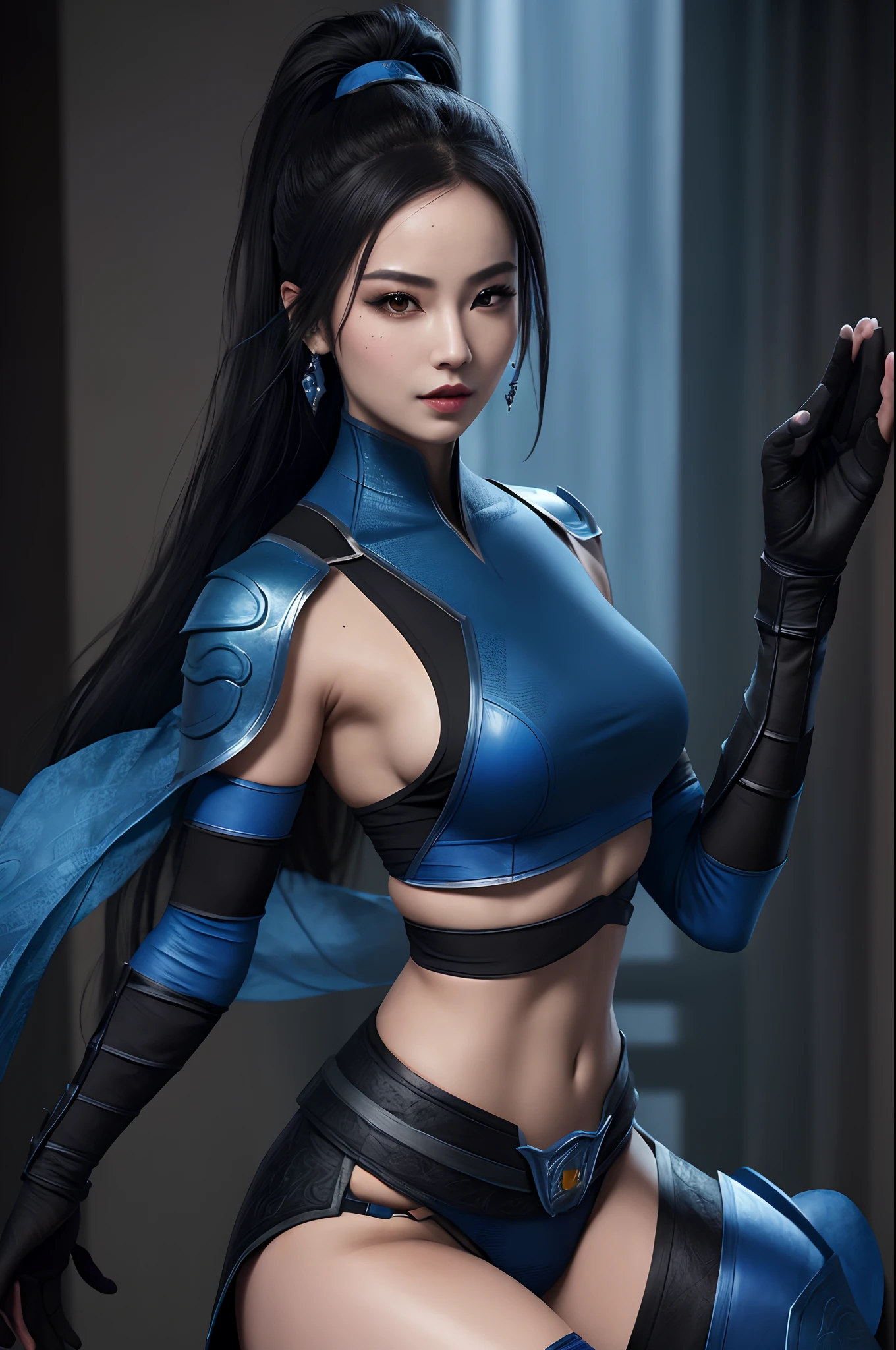 (masterpiece, top quality, best quality, official art, beautiful and aesthetic:1.2), (1girl:1.3), (fractal art:1.3), solo, Kitana from mortal kombat, Mortal Kombat video game, 
black headband, long hair, huge breasts, beautiful faces, face mask, asian lady, blue ninja uniform for lady, black gloves, black hair,blue long socks, long blue footwear, (steel fans in her hands) , waving with steel fans with her arm, 
large breasts,sexy ninja blue uniform , earrings,  midriff, navel,toned,
looking at viewer, upper body, fighting stance, background contains Mortal kombat logo