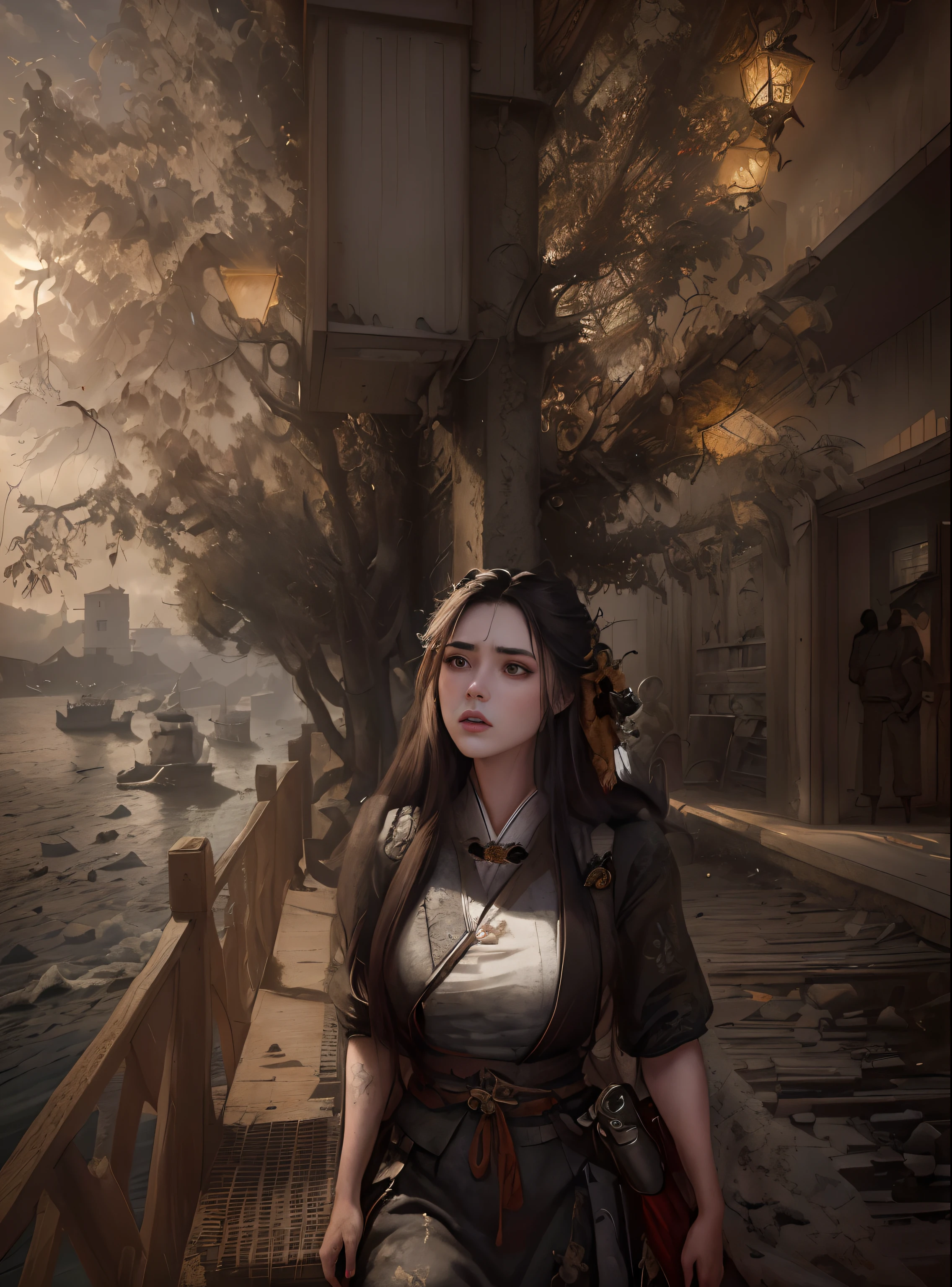 (Dramatic, grittiness, Intense:1.4),Masterpiece, Best quality, 8K, insanely details, Intricate details, ultra - detailed, hyper qualit, High detail, Ultra detailed, Masterpiece,,1girll,Solo, Hanfu,dress,Red ribbon,jewelry,Wind,Long sleeves,Long hair, Long hair, Hair, dress,