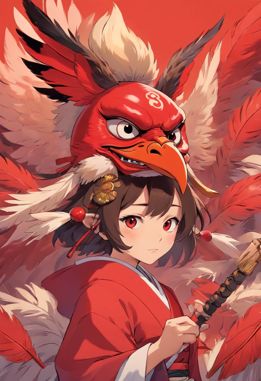 Japanese mythology, Create a Tengu, red mask, long nose, feather hats, 8k, ultra realism, cinematic