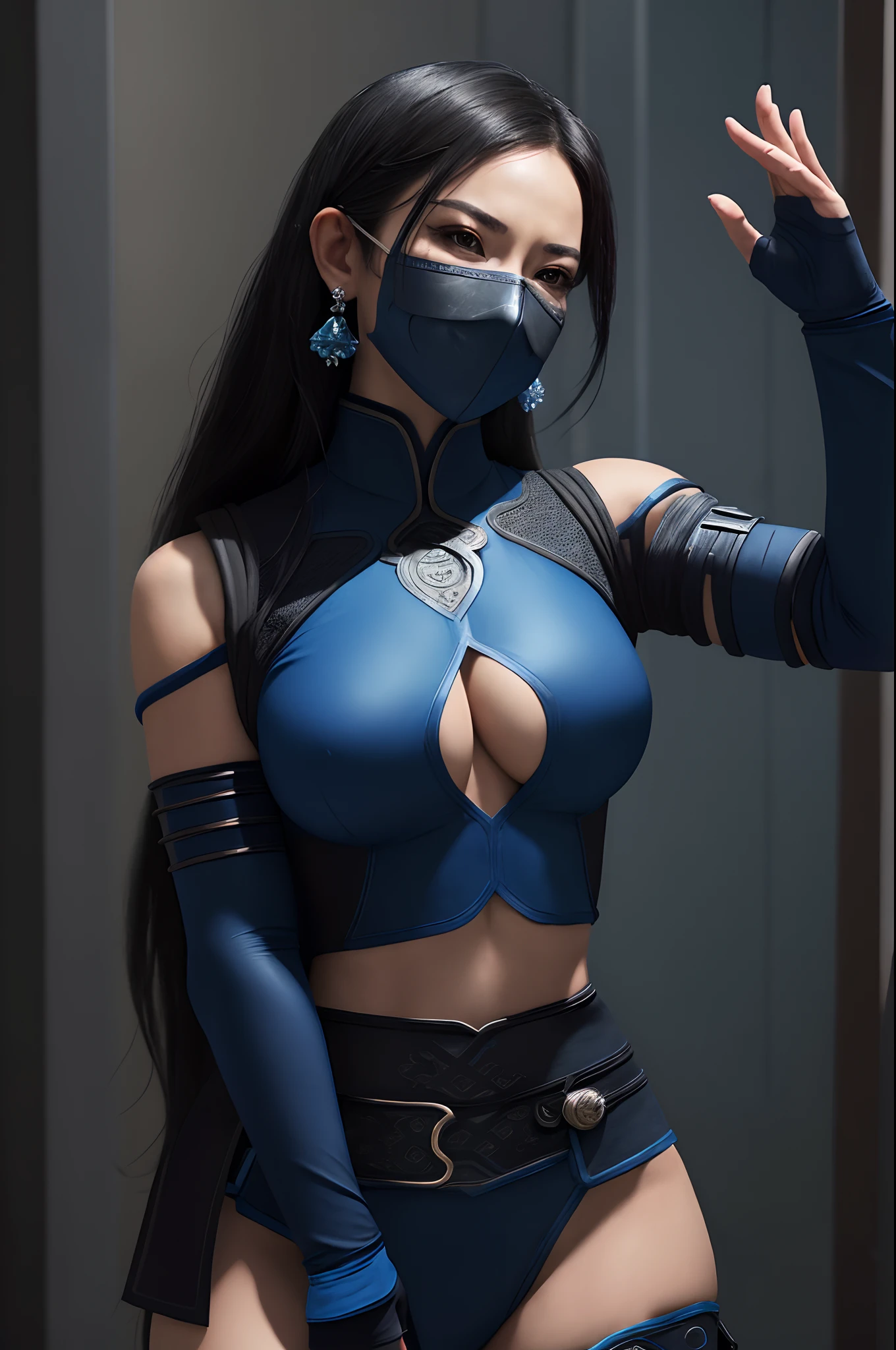 (masterpiece, top quality, best quality, official art, beautiful and aesthetic:1.2), (1girl:1.3), (fractal art:1.3), solo, Kitana from mortal kombat, Mortal Kombat video game, 
black headband, long hair, huge breasts, beautiful faces, face mask, asian lady, blue ninja uniform for lady, black gloves, black hair,blue long socks, long blue footwear, (steel fans in her hands) , waving with steel fans with her arm, 
large breasts,sexy ninja blue uniform , earrings,  midriff, navel,toned,
looking at viewer, upper body, fighting stance, background contains Mortal kombat logo