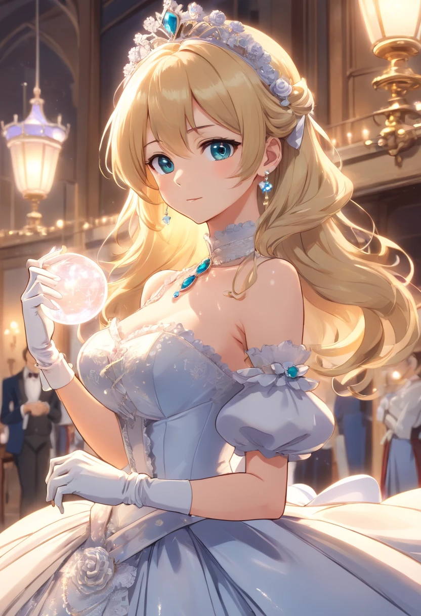 A stunningly beautiful blonde fairytale Princess shining with Royal Pomp and Regal Splendor, wearing a Stately and (((Elaborate))) Royal Cinderella Wedding Dress of Silver and White Brocade, with (((enormous puffed sleeves))) a stiffly boned, padded and corseted bodice, an hourglass waist, a (((huge crinoline hoopskirt))) and (((bustle))), adorned with ribbons, bows, roses, lace, ruffles, frills, embroidery, and jewels, elaborately curled and styled hair, long white gloves, pearl and diamond necklace and earrings
