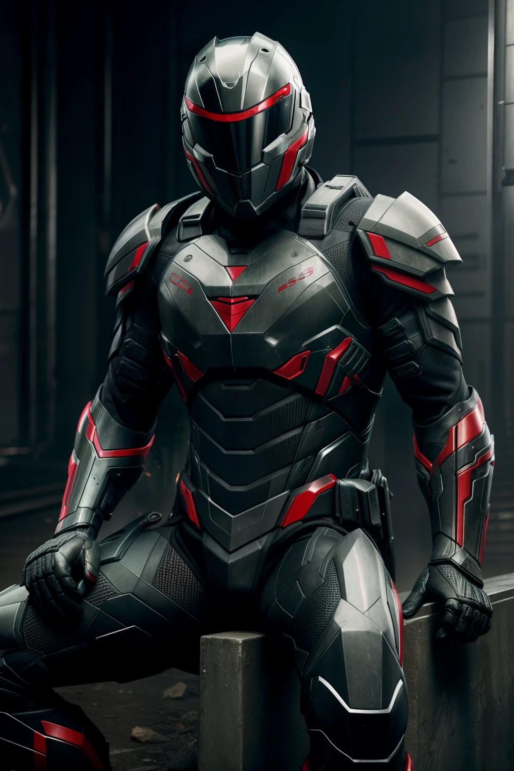 Teen male posing, crysis 3 armour, atmospheric, sitting