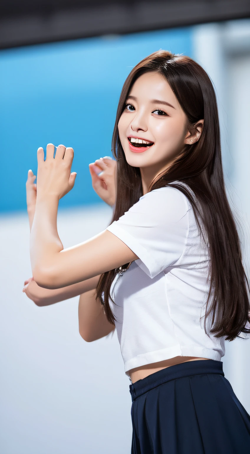 ((Top Quality, 8K, Masterpiece: 1.3)), beauty, Hidden Face, 1 Girl, beauty: 1.3, Slim Abs: 1.1, Korean Girls' High School Uniform (It's tight: 1.4), Long black hair, Ultra-detailed face, Highly detailed lips, Detailed Eyes, Double eyelids, Strict head-body proportions: 1.5, Achieving the goal and cheering facial expressions and fiery clenching fists, The entire upper body, You should see a clenched fist, Cheering and smiling brightly