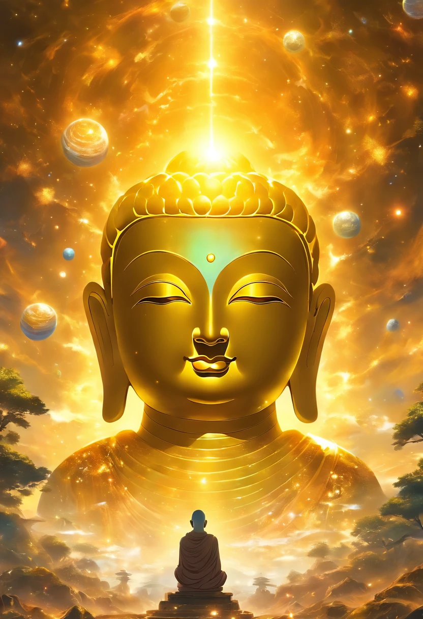 Interstellar，Endless space，The huge Maitreya Buddha statue rushed towards the huge space-time tunnel，Highly detailed portrait of a huge golden Buddha with the halo of the sun god，ssee-through，depth of fields，((Masterpiece))，(Best quality))，Magnificent space image scene，surrealism, Super detail, ccurate, Best quality, hyper HD, Masterpiece, Anatomically correct, A high resolution, 16k
