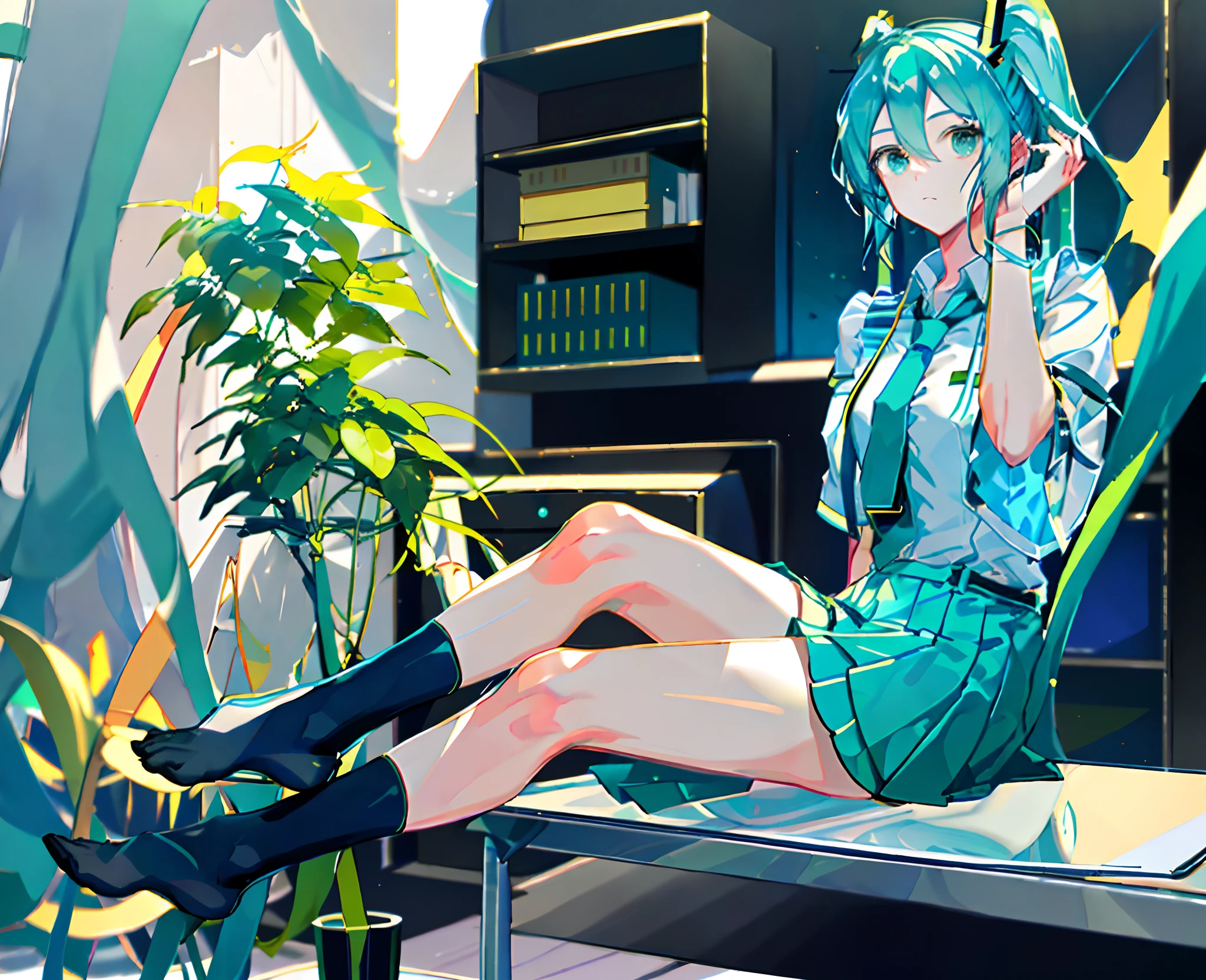 hatsune，White shirt，Blue-green tie，blue green hair，short- sleeved，double-ponytail，sittinng on the desk，Short dark skirt，pretty legs，No shoes，beautifullegs，Look to the lens，Nice face，office room，Hands touch your hair，tmasterpiece，The structure of the feet is perfect，long leges，Great figure，super perfect girls，Clear shots，Sexy legs，perfect body figure，the golden ratio，Ultra-clear 8K，Bareleged，Clear picture，Add details，More details