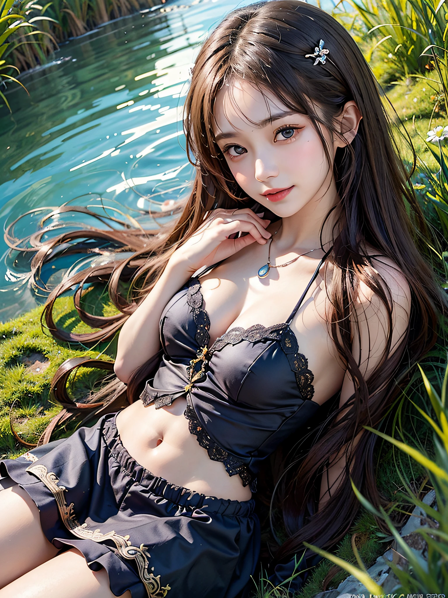 (illustratio), (hight resolution), (8k picture), (ighly detailed), (The best illustrations), (beatiful detailed eyes), (top-quality), (ultra-detailliert), (masterpiece), (wall-paper), (详细的脸), 独奏, 1girl in, Brown wavy hair、poneyTail、Colossal tits、Ruffled dresses、huge smile、Blushing cheeks、bangss、Constriction of the lower back、skinny thigh、small ass、Beautiful bangs、Look at your audience、a necklace、耳Nipple Ring、Watching from above、blue open sky、clouds、grass field、Lying in the steppe、A small river flows through it、
