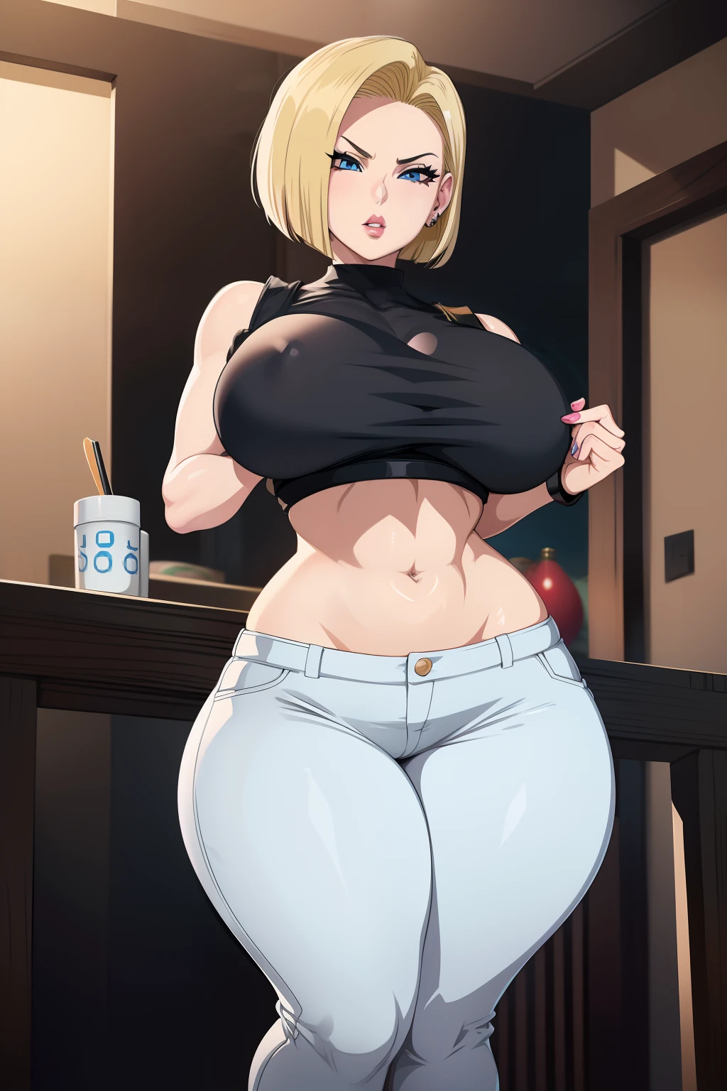 Dragon Ball, Android 18, 1 girl, ((bimbo))), short blond hair, blue eyes, puffy lips, painted lips, thick lips, wide hips, thick thighs, enormous round fake breast, huge round Bella bellz ass, high waist black jeans, black top, gothic style, gothic,