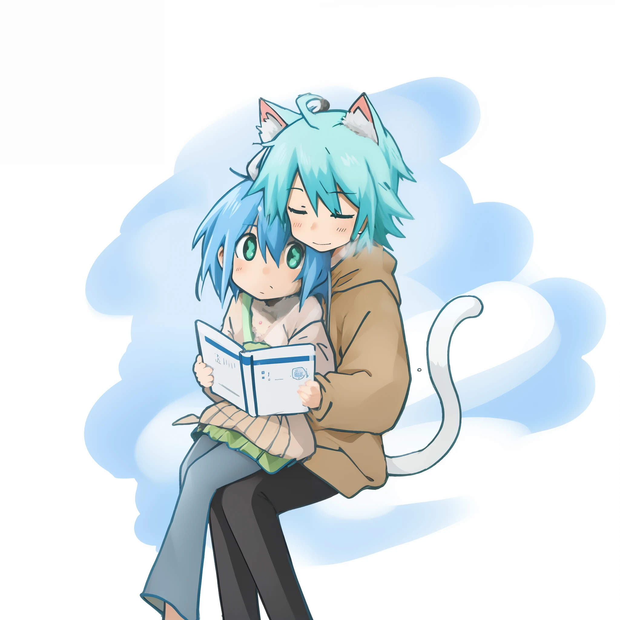 Blue-haired anime boy sitting on stone reading a book, rimuru and milim, neko, Cute!! tchibi!!! Cat woman, Sirius A and Sirius B, hug, Cute:2, Hugging, cyan and green, 2 d anime style, author：Ei-Q, anime cat, rimuru, by Puru, [ [ soft ] ]