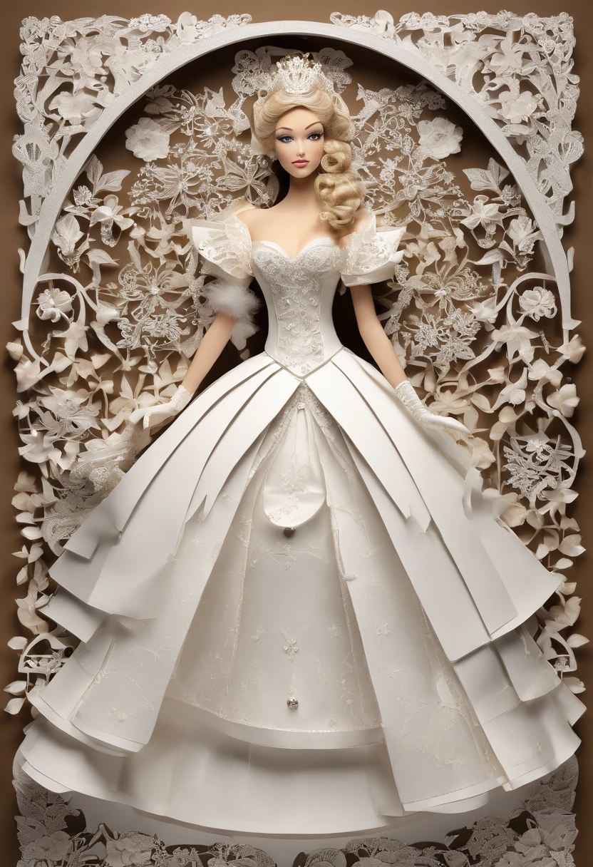 A stunningly beautiful blonde fairytale Princess shining with Royal Pomp and Regal Splendor, wearing a Stately and (((Elaborate))) Royal Cinderella Wedding Dress of Silver and White Brocade, with (((enormous puffed sleeves))) a stiffly boned, padded and corseted bodice, an hourglass waist, a (((huge crinoline hoopskirt))) and (((bustle))), adorned with ribbons, bows, roses, lace, ruffles, frills, embroidery, and jewels, elaborately curled and styled hair, long white gloves, pearl and diamond necklace and earrings