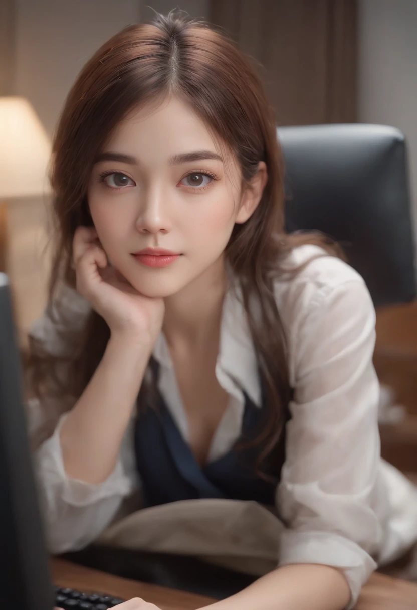 A woman was sitting in front of a computer desk.，Take a look at your computer，View Down，View Down，Press and hold the keyboard, Realistic art style, digital anime illustration, Realistic anime art, Photorealistic Art Style, digital anime art, Realistic 3D anime style, realism artstyle, Digital Cartoon Painting, Realistic Students, digital character illustration, Anime Realism Style, realistic young anime girl, digital cartoon painting art, digital manga art
