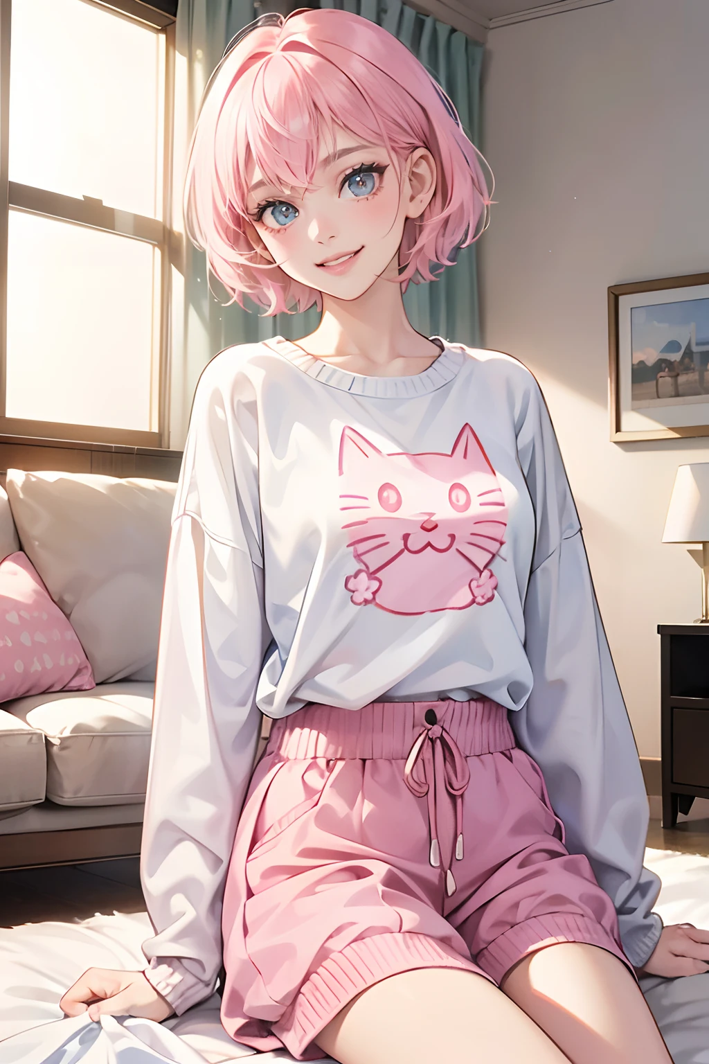 1 girl,Young and beautiful girl,eye looking to camera,Perfect female body, (pink short hair, Cat pattern white clothes,Sweater, T-shirt,Smile,Happy face),Modern living room,