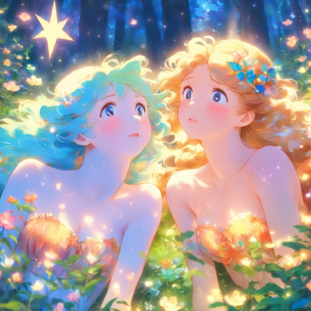 Anime Art Realistic Impressionist Classical Style Renaissance Tempera Two long-haired maidens lying in underwear and staring at each other and talking Magic star litter around、Petals fluttering Ultra High Resolution Snap Spotlight Prism Light In a flower garden Bright morning forest