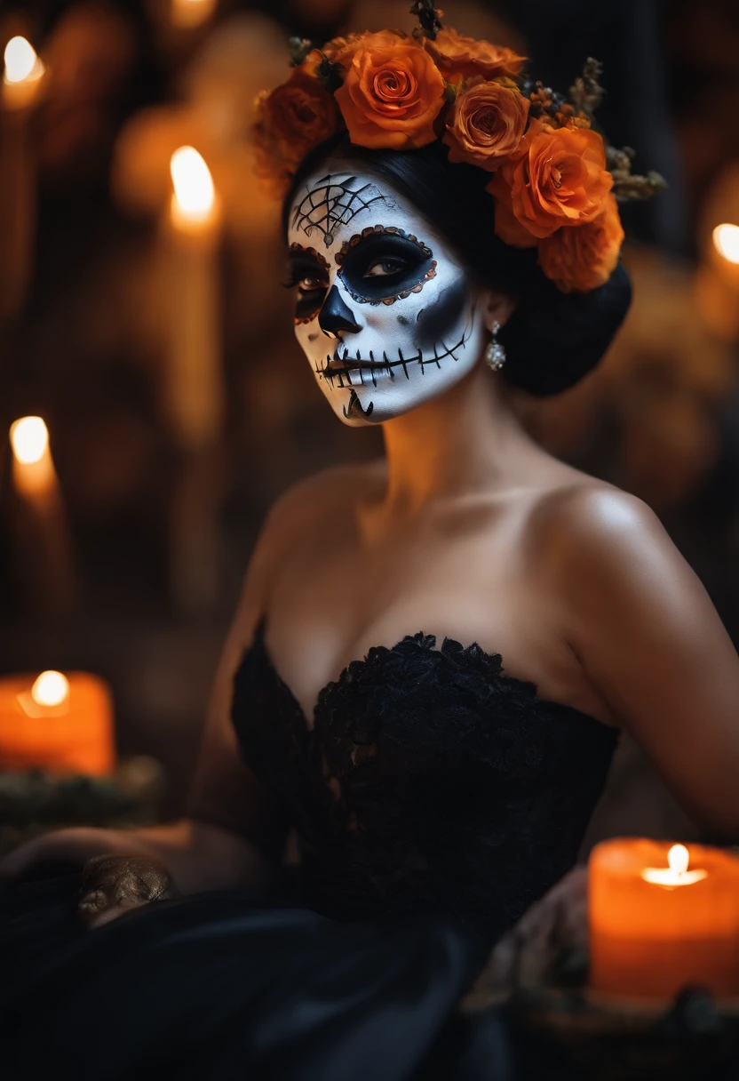 Artistic close-up photography of a beautiful woman characterized as a catrina, skeleton makeup for a Day of the Dead parade, incorporating elements of traditional Mexican art and modern design, elegant black catrina dress with orange floral elements, in the background you can see a night cemetery full of lit candles and orange flowers, candlelight is reflected on the model, The photograph was taken with a Nikon D850 SLR camera