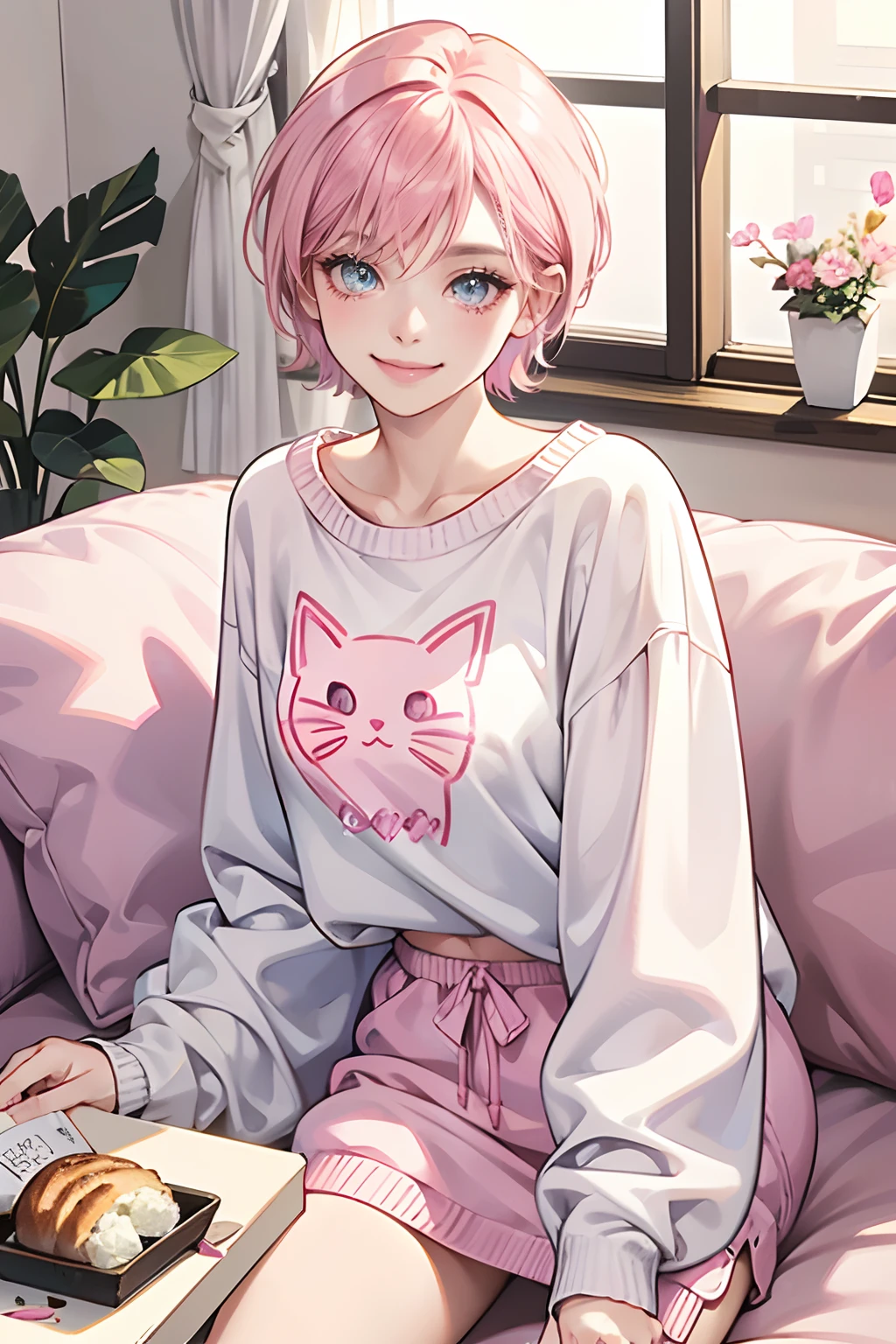 1 girl,Young and beautiful girl,eye looking to camera,Perfect female body, (pink short hair, Cat pattern white clothes,Sweater, T-shirt,Smile,Happy face),Modern living room,