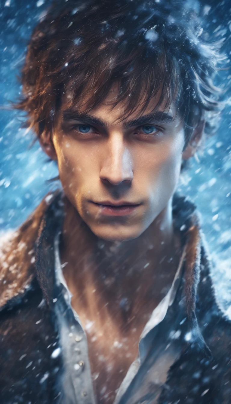 Close-Up Portrait: A young man stands defiantly amidst a swirling snowstorm. He gazes directly at the camera with an intense and determined expression. His face is illuminated by a futuristic blue glow, highlighting his determination to conquer the challenges posed by the snowstorm. The snowflakes, frozen in motion, create a dynamic and futuristic atmosphere around him.