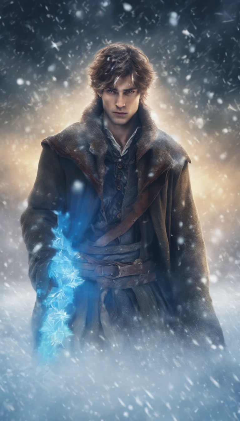 Close-Up Portrait: A young man stands defiantly amidst a swirling snowstorm. He gazes directly at the camera with an intense and determined expression. His face is illuminated by a futuristic blue glow, highlighting his determination to conquer the challenges posed by the snowstorm. The snowflakes, frozen in motion, create a dynamic and futuristic atmosphere around him.