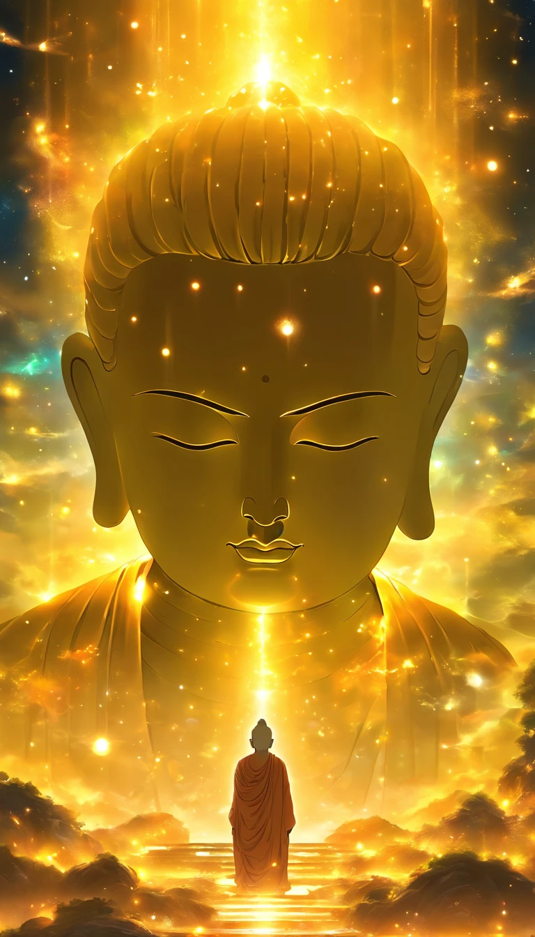 The huge transparent Buddha head is、Looking at the yellow planet in the soil of space,glow effect,OC rendering