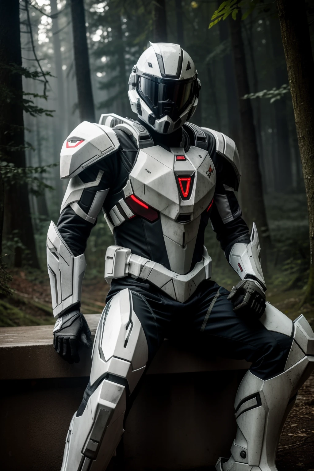 Teen male posing, white crysis 3 armour, atmospheric, sitting, S.T.A.L.K.E.R style