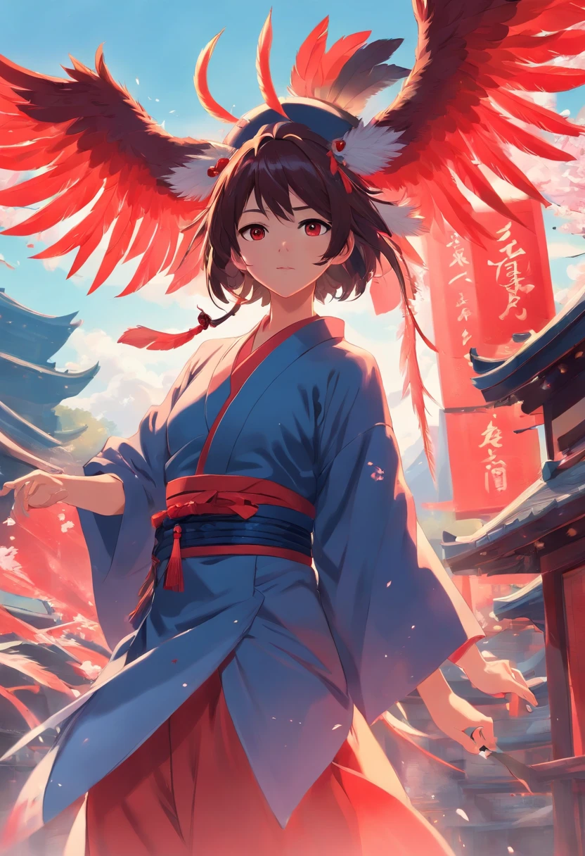 Japanese mythology,Create a Tengu, red mask, long nose, feather hats, 8k, ultra realism, cinematic