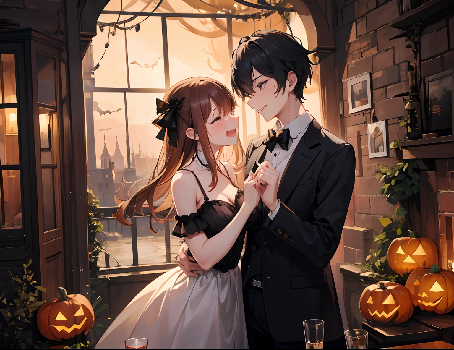 A couple during halloween, laugh, romantic atmosphere, happy atmosphere, landscape