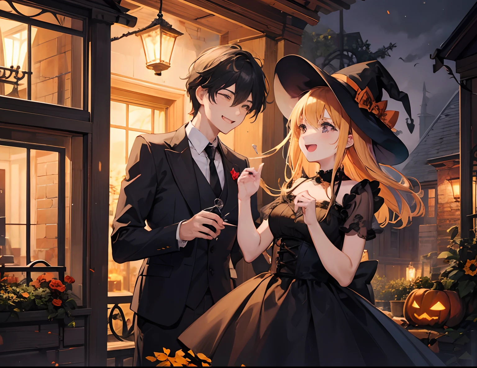 A couple during halloween, laugh, romantic atmosphere, happy atmosphere, landscape