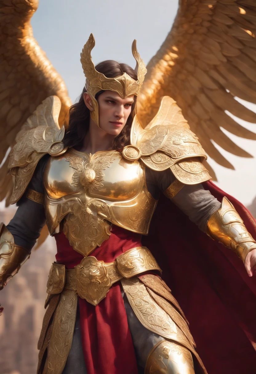 illustration in anime style of a gorgeous of Archangel Michael, supreme leader of Heaven's angelic army, his skin was like carved marble created by God's own masterpiece, about 3 meters tall, strong, sturdy and mighty, in intricately carved golden armor, with a fiery sword of fire, golden wings wide with golden protective armor on its wings. Face to face with a vicious and bloodthirsty demon leader, (glowy eyes)), lens flare, depth of field, bokeh effect, backlit, stylish, elegant, breathtaking, visually rich, flat lights, flat colors, cel shading, art by best anime studios, by MSchiffer, 32k resolution, best quality, ink lines, tetradic colors (scar:1.4)