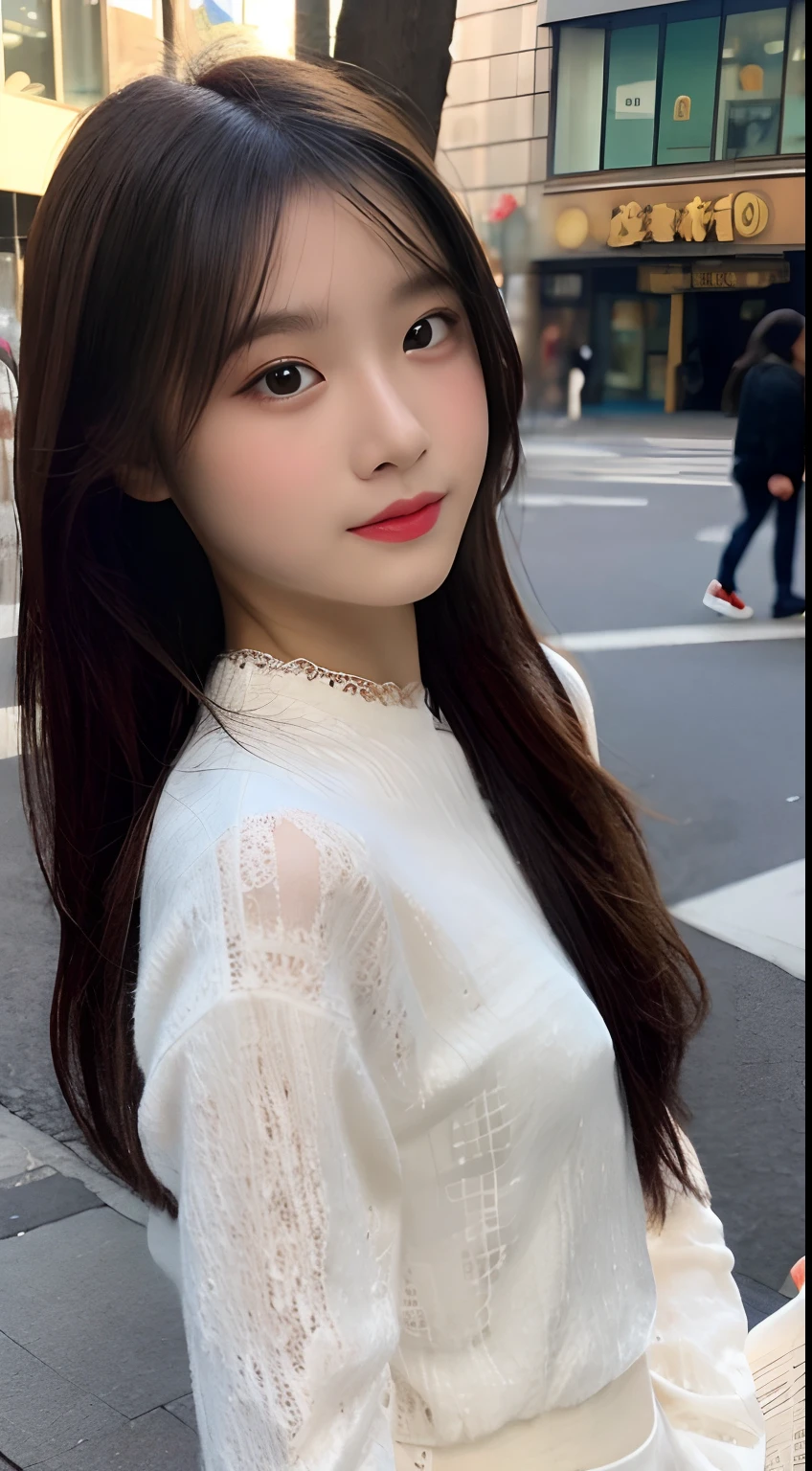 NSFW, NSFW:1.2, NSFW, (unparalleled masterpiece ever、top-quality))、Raw photography、top-quality、Full body portrait:2.0、medium distance shot、White silk long sleeve lace blouse、All clothes are thin lace fabric、Perfect silk miniskirt for the body、(Composition from the knee up:1.2)、No underwear、nudde、see -through、32K、ultra res、fully body photo:2.0, is standing:2.0、Best Quality, Raw photo, skinny  body、Photorealsitic, Full body portrait:2.0、rialistic photo、(small tits:1.2), (skinny body:1.8), street corner、Crowds, Ginza、fully body photo, Looking at the camera、a beauty girl, Cute, length hair, depth of fields, hight resolution, nudde、ultra -detail, Fine detail, Highly detailed, Highly detailed eyes and face, Sharp pupils, Realistic pupils, Sharp Focus, softlighting