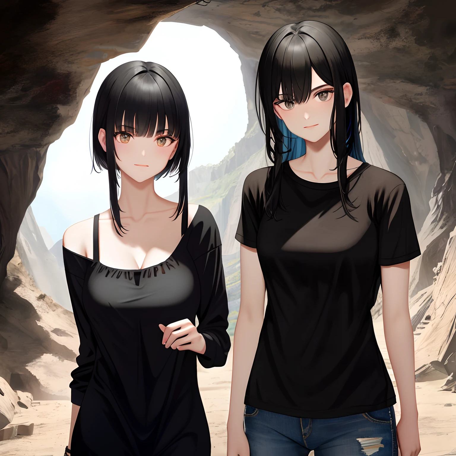 Two black-haired beauties in a cave,Wearing torn clothing