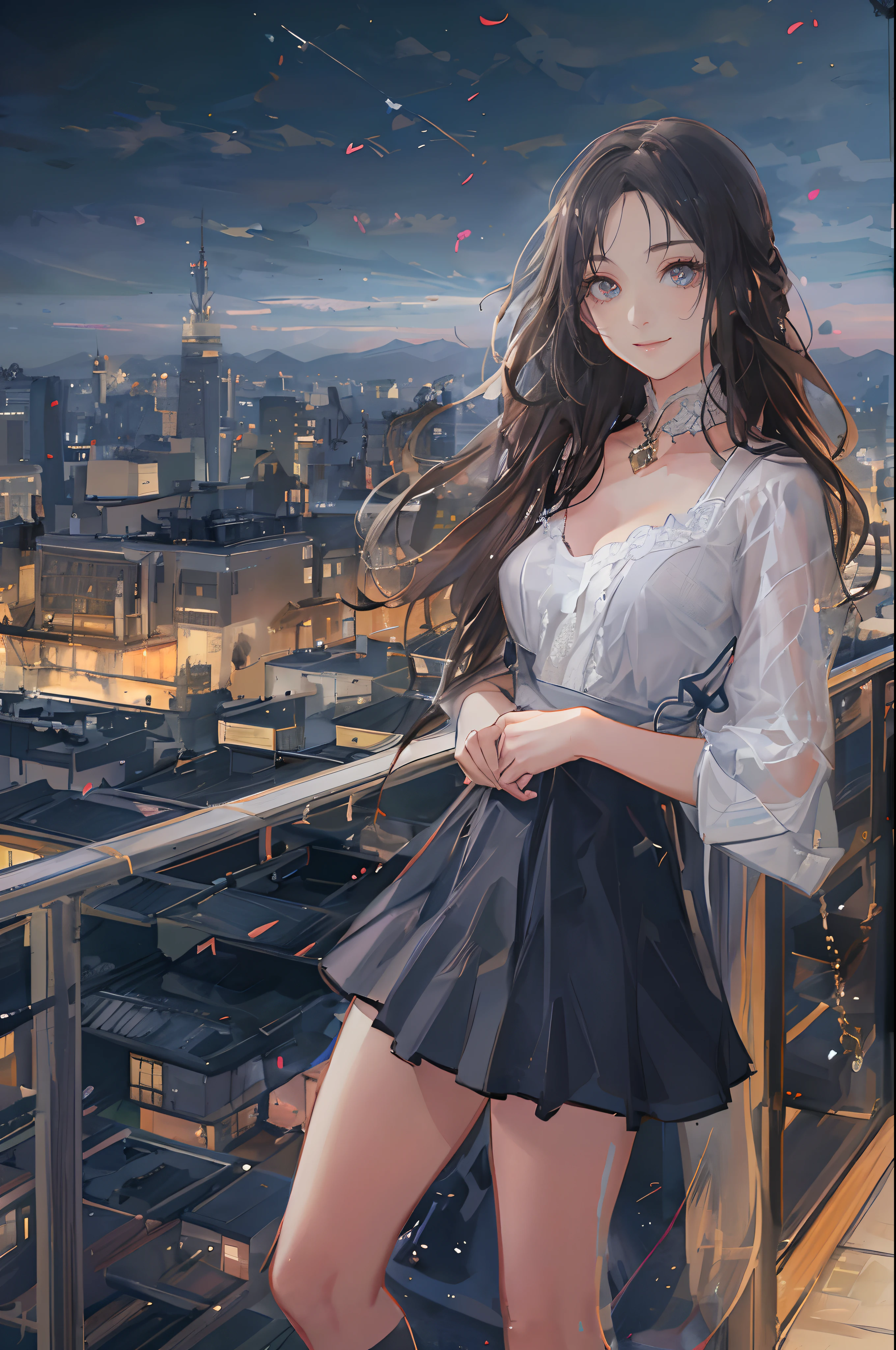 ((A beautiful and cute woman is standing on the terrace)), ((22-year-old beauty)), ((charming smile)), ((her long hair is blowing in the wind)), ((her miniskirt is It's waving in the wind)), (( You can see the cleavage of her plump bust from the blouse)), ((Gradient eyes)), ((The background is a night view of the city)), Attractive makeup, Single view, NFFSW , UHD, Retina, Masterpiece, Accurate, Anatomical, Scientifically Correct, Textured Skin, Super Detail, High Detail, High Quality, Award Winning, Top Quality, High Resolution, 1080P, HD, 4K, 8k, 16k