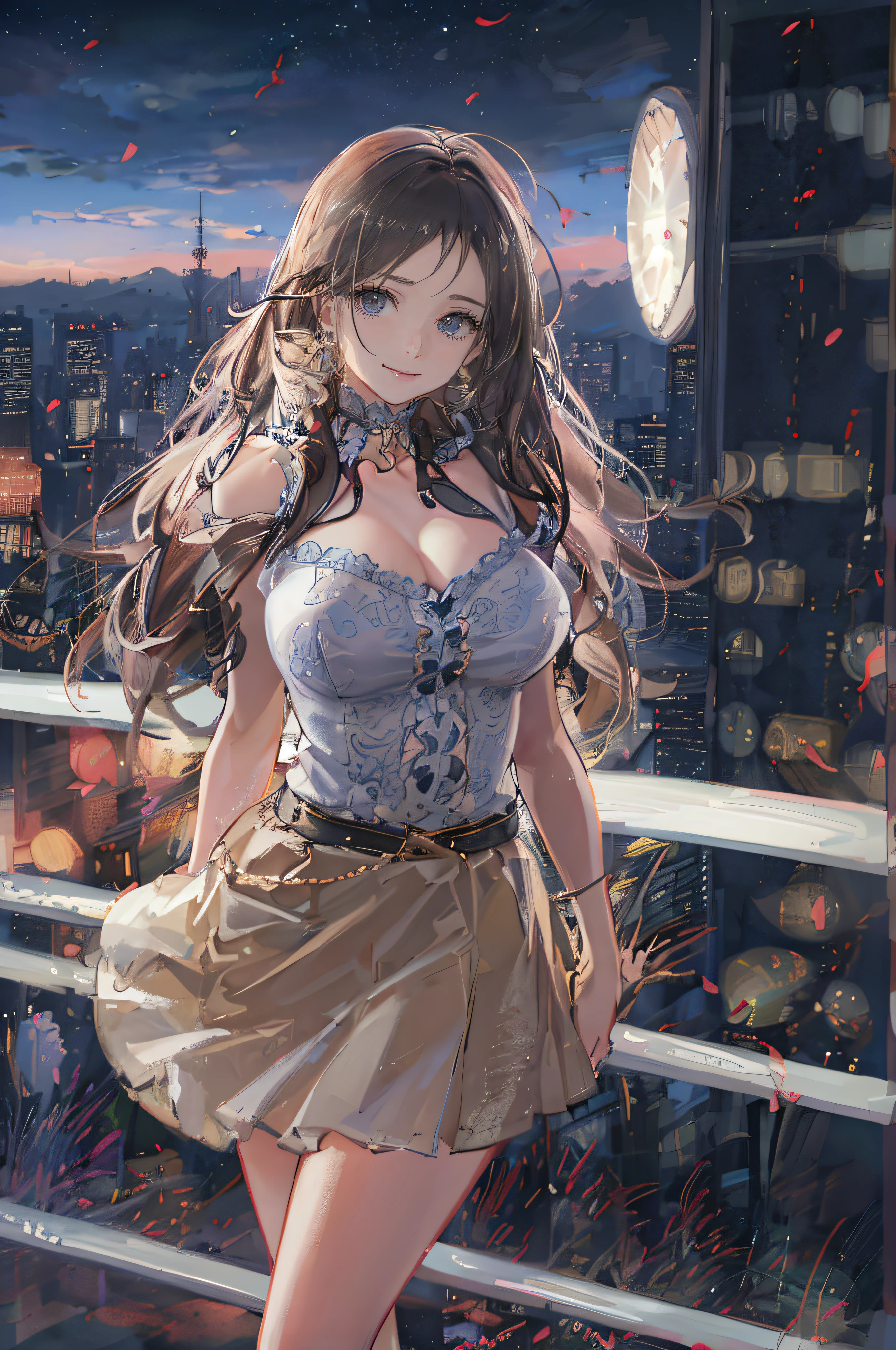 ((A beautiful and cute woman is standing on the terrace)), ((22-year-old beauty)), ((charming smile)), ((her long hair is blowing in the wind)), ((her miniskirt is It's waving in the wind)), (( You can see the cleavage of her plump bust from the blouse)), ((Gradient eyes)), ((The background is a night view of the city)), Attractive makeup, Single view, NFFSW , UHD, Retina, Masterpiece, Accurate, Anatomical, Scientifically Correct, Textured Skin, Super Detail, High Detail, High Quality, Award Winning, Top Quality, High Resolution, 1080P, HD, 4K, 8k, 16k