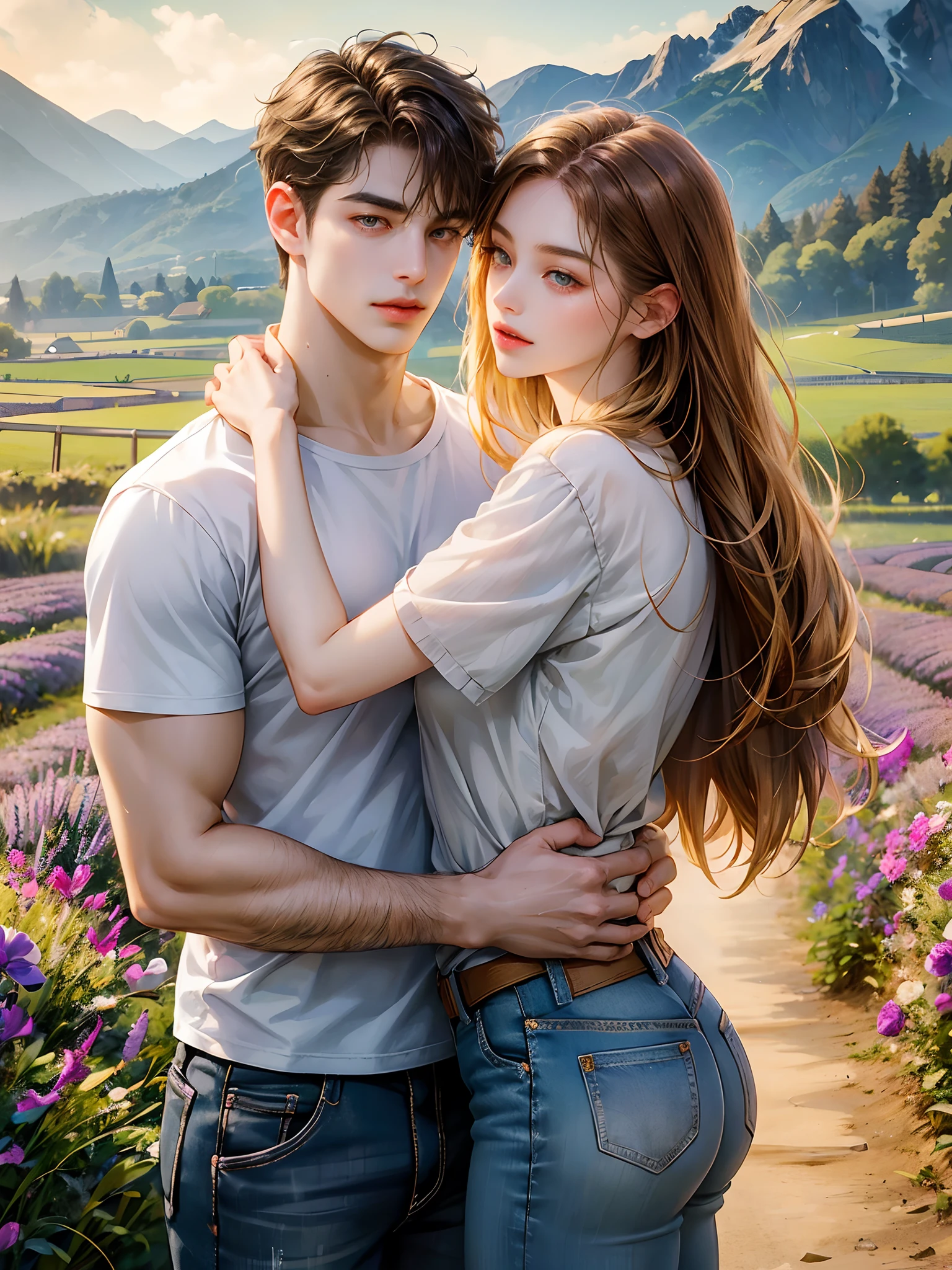 Couple, 1 girl 1 boy, different hair color, long hazel wavy ,no bangs and green eyes, she wears a violet shirt dress, short golden brown hair and (grey eyes), t shirt and jeans, hug, height different, contemporary clothes, detailed eyes, looking the viewer. Background mountains. The couple embrace into a lavender field.