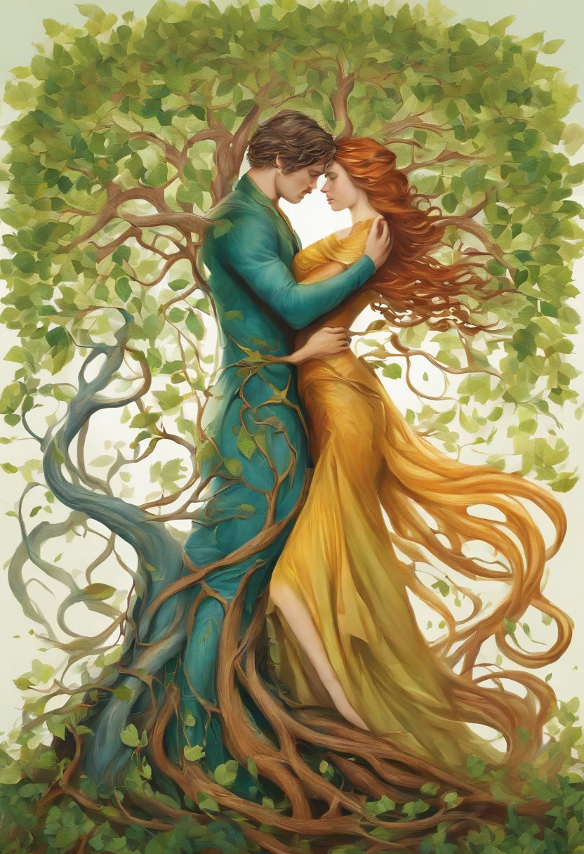 Arbomorph A hug of woman and man turns into a leafy tree, with roots as legs, branches like arms, some leaves fly on a white background,l