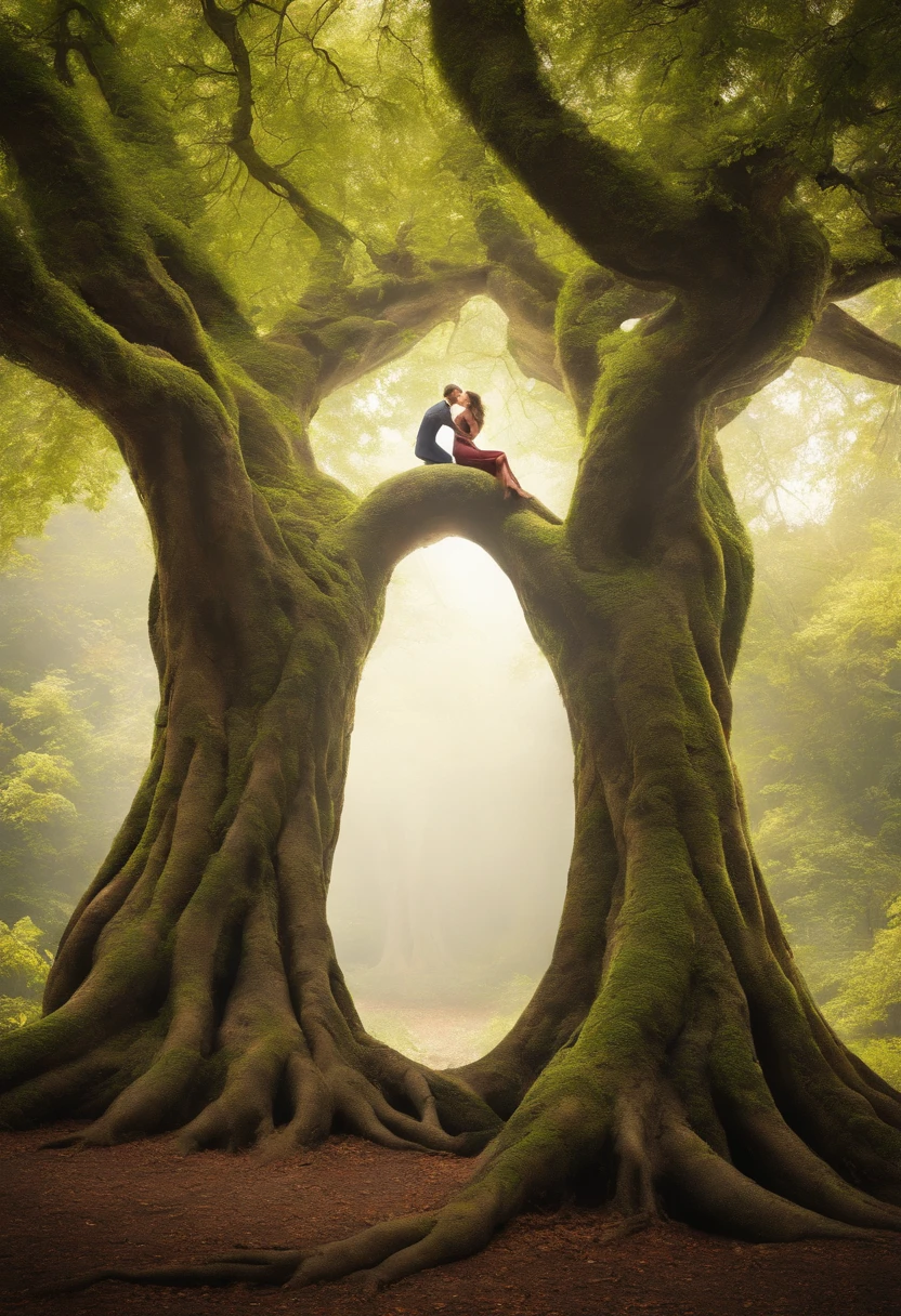 Arbomorph A hug of woman and man turns into a leafy tree, with roots as legs, branches like arms, some leaves fly on a white background,l