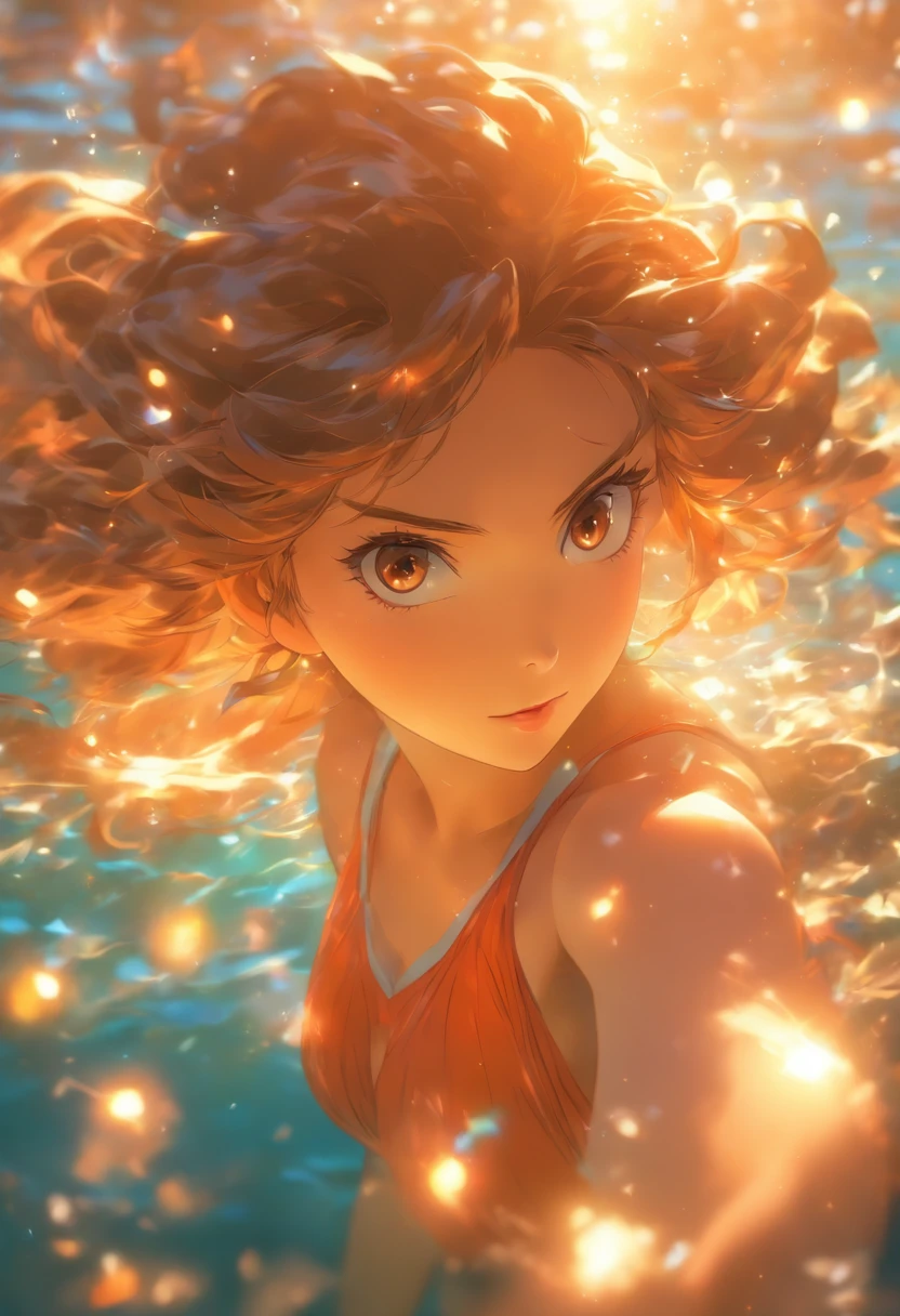 tmasterpiece,Master of photography,8K,Highest image quality,beautiful beaches,1girll,artist_names,Bare_bshoulders,brown_Eyes,brown_Hair,crown,dress,Earrings,eyeslashes,Fire,Hair_decorations,jewelry,Lips,Patreon_user name,Solo,standing,No shoulder strap_dress,foreshortening, Depth of field, Masterpiece, Best quality, 1girll, Brown hair, Brown eyes, Long hair, Underwater, airbubble, Solo, view the viewer, School swim wear, Swimming, Dappled sunlight,