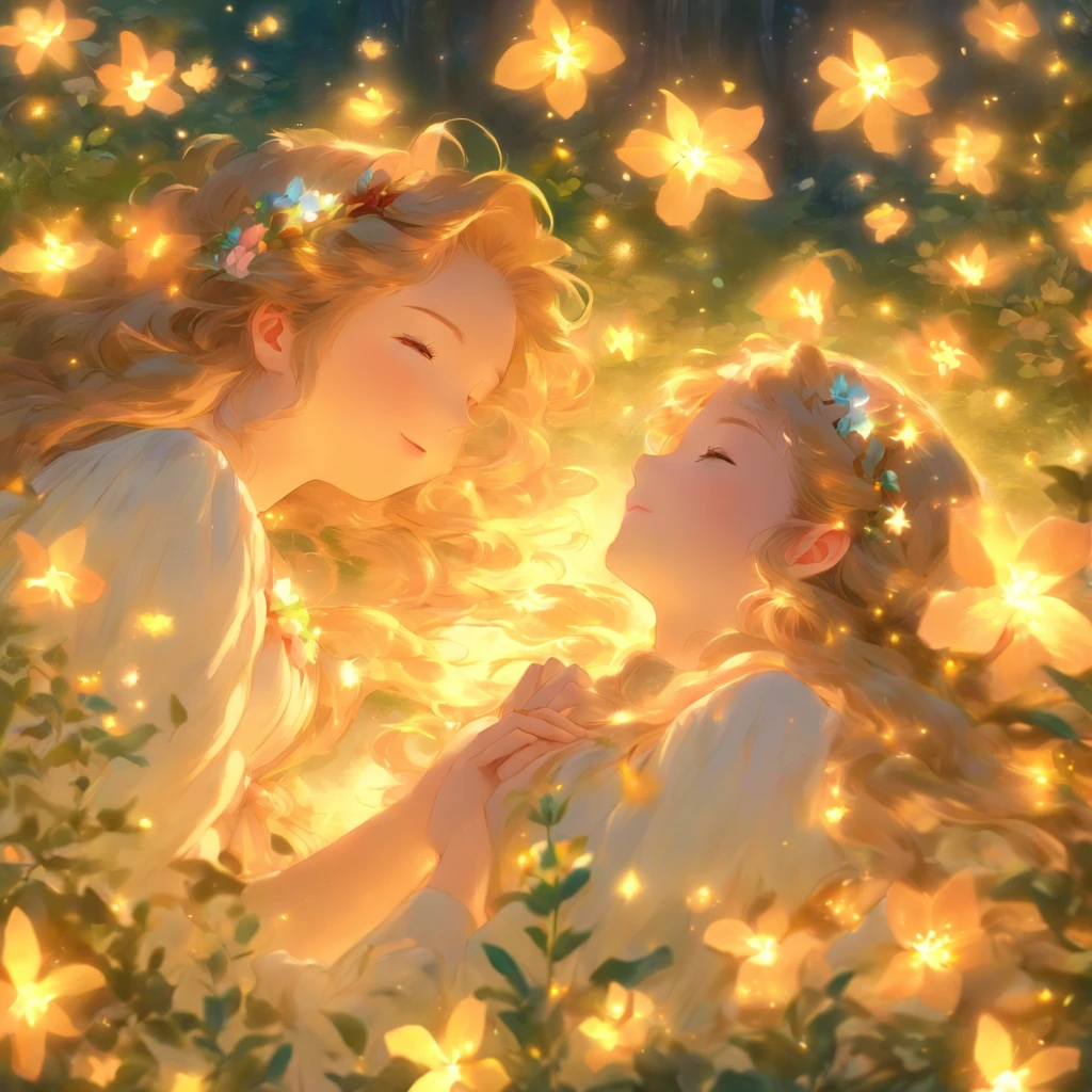 Anime Art Realistic Impressionist Classical Style Renaissance Tempera Two long-haired maidens lying down and staring at each other without a single thread Magic star dust around、Petals fluttering Ultra high resolution Fingertips do not contradict Spotlight Prism light In the flower garden Bright morning forest