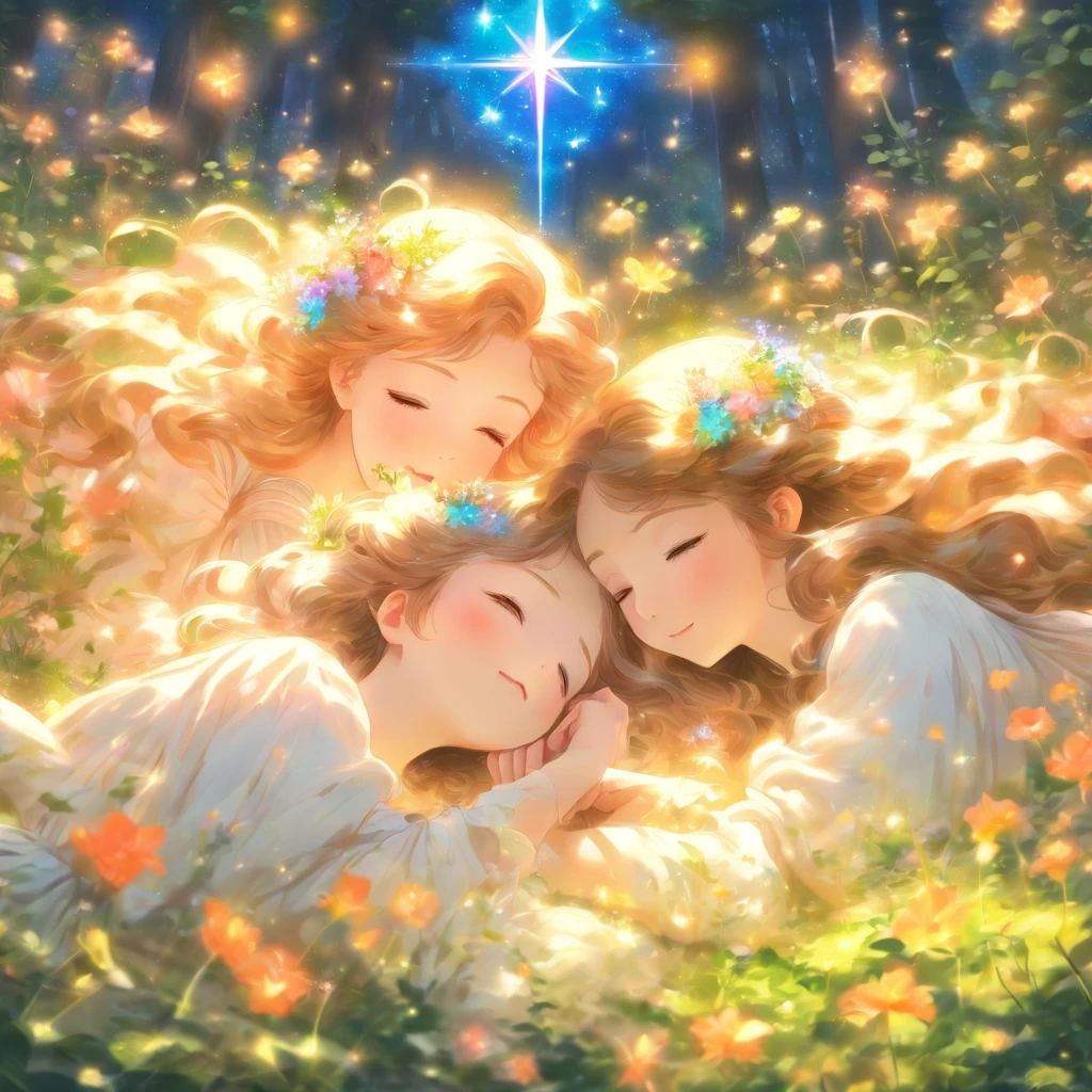 Anime Art Realistic Impressionist Classical Style Renaissance Tempera Two long-haired maidens lying down and staring at each other without a single thread Magic star dust around、Petals fluttering Ultra high resolution Fingertips do not contradict Spotlight Prism light In the flower garden Bright morning forest