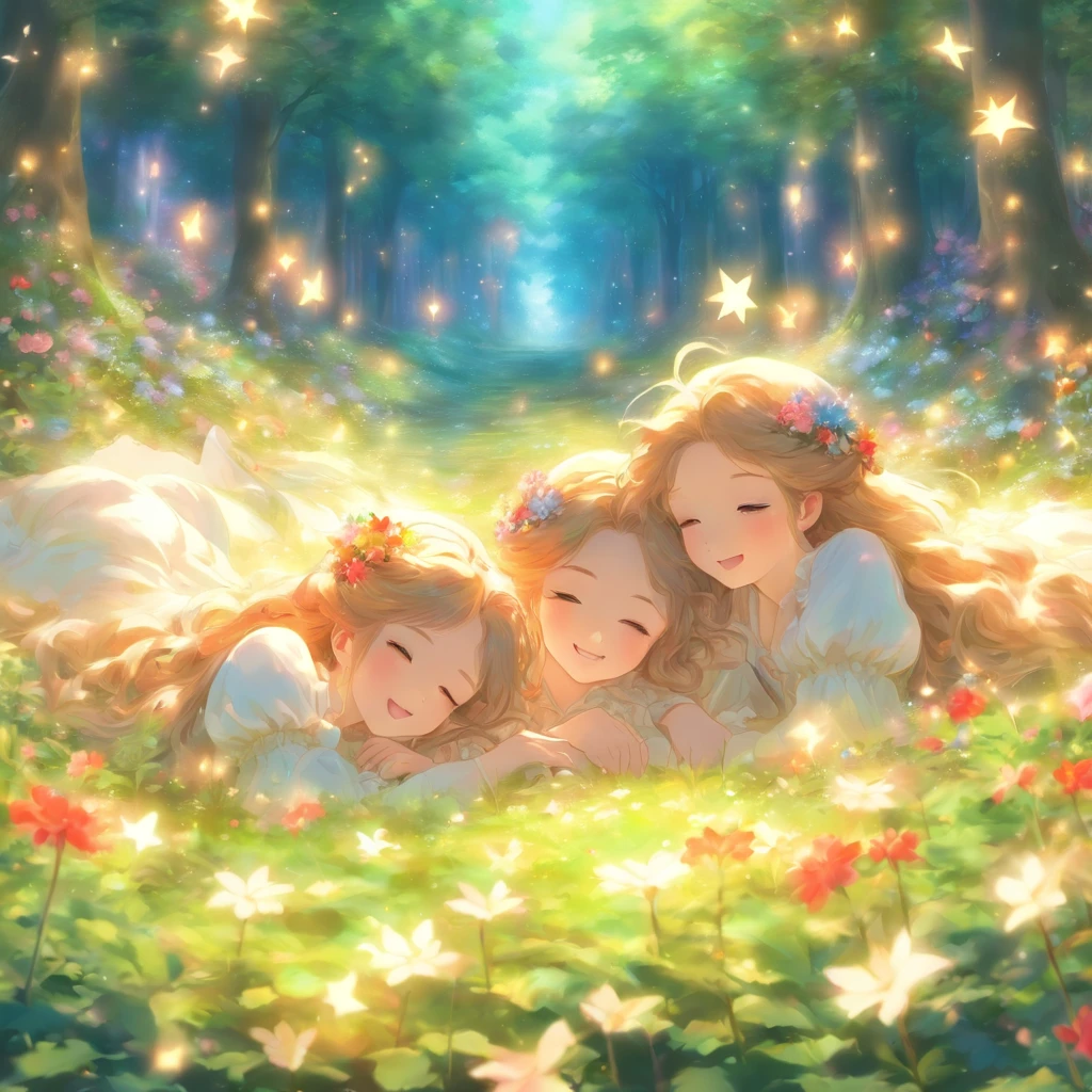 Anime Art Realistic Impressionist Classical Style Renaissance Tempera Two long-haired maidens lying down and staring at each other without a single thread Magic star dust around、Petals fluttering Ultra high resolution Fingertips do not contradict Spotlight Prism light In the flower garden Bright morning forest