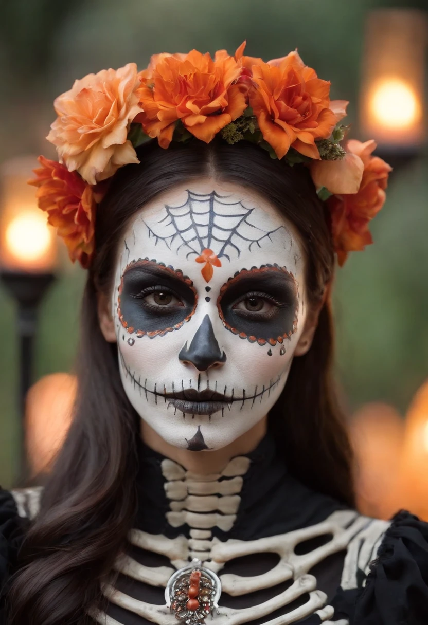 Artistic close-up photography of a beautiful woman characterized as a catrina, skeleton makeup for a Day of the Dead parade, incorporating elements of traditional Mexican art and modern design, elegant black catrina dress with orange floral elements, in the background you can see a night cemetery full of lit candles and orange flowers,  candlelight is reflected on the model, The photograph was taken with a Nikon D850 SLR camera